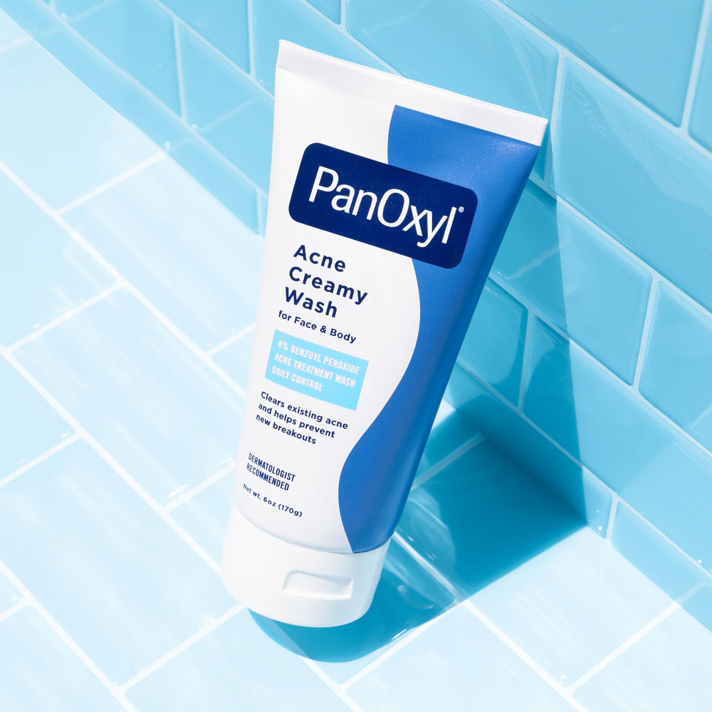 PanOxyl label highlights dermatologist-recommended formula and gentle hydration.