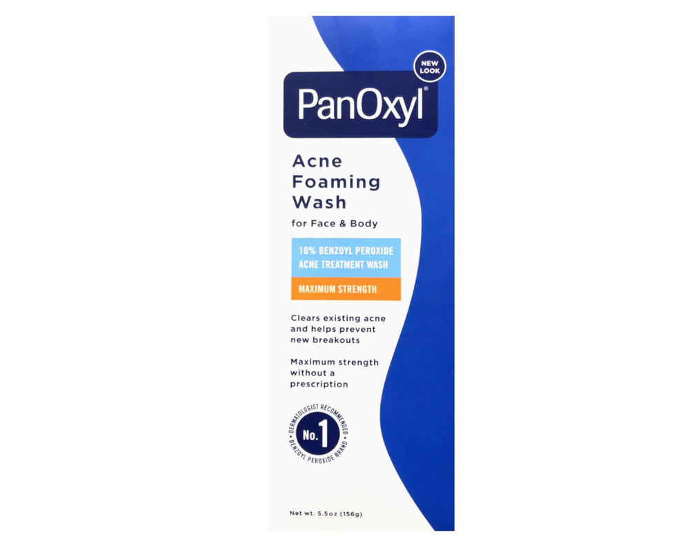 PanOxyl foaming wash two tubes pack on display, non-comedogenic and fragrance-free for sensitive skin.