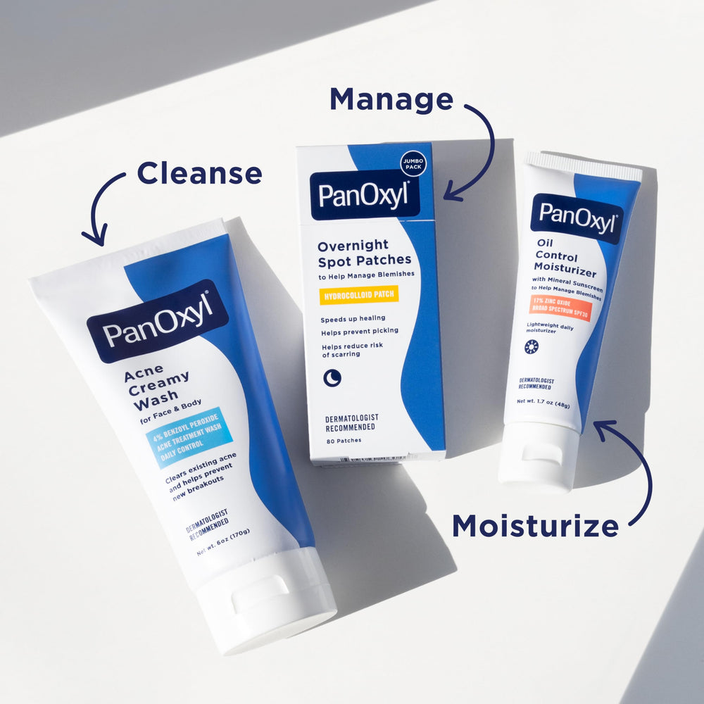 PanOxyl PM Overnight Patch being removed in the morning to reveal calmer skin