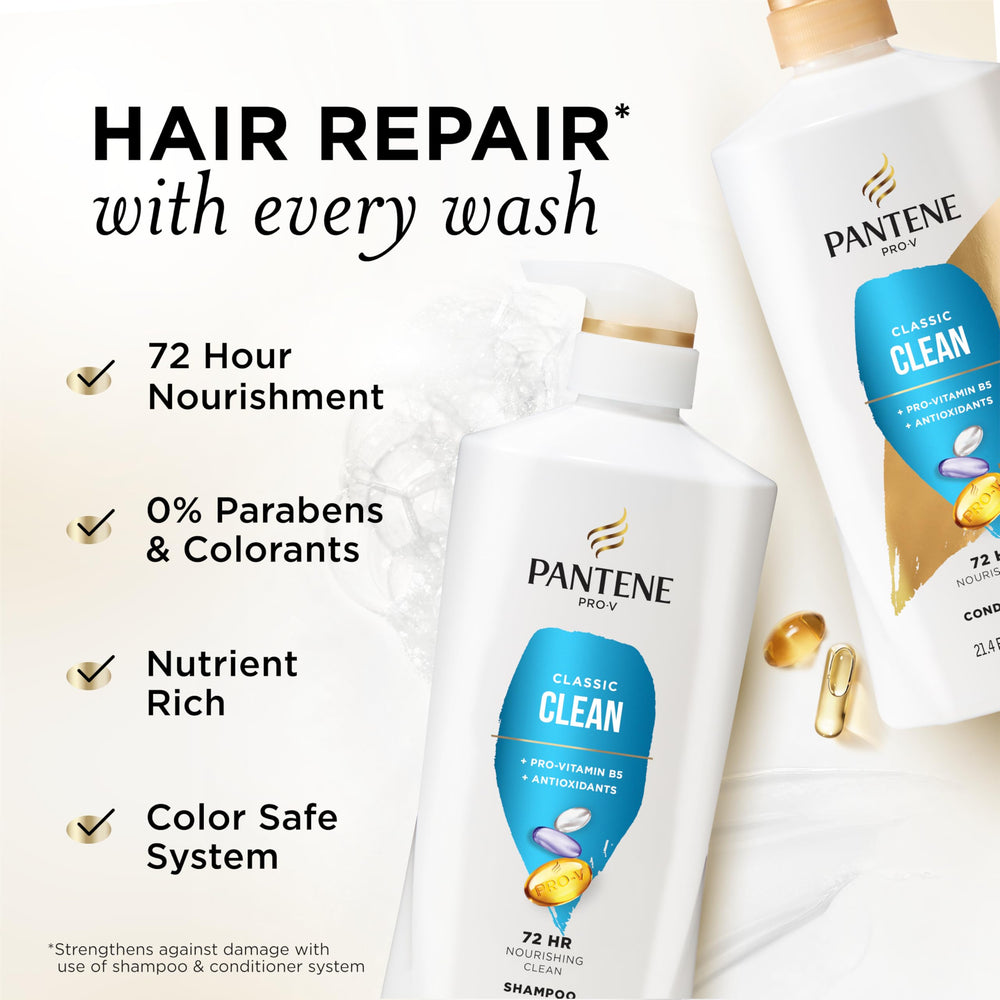 Pantene Classic Clean conditioner bottle shows lightweight nourishment for shine.