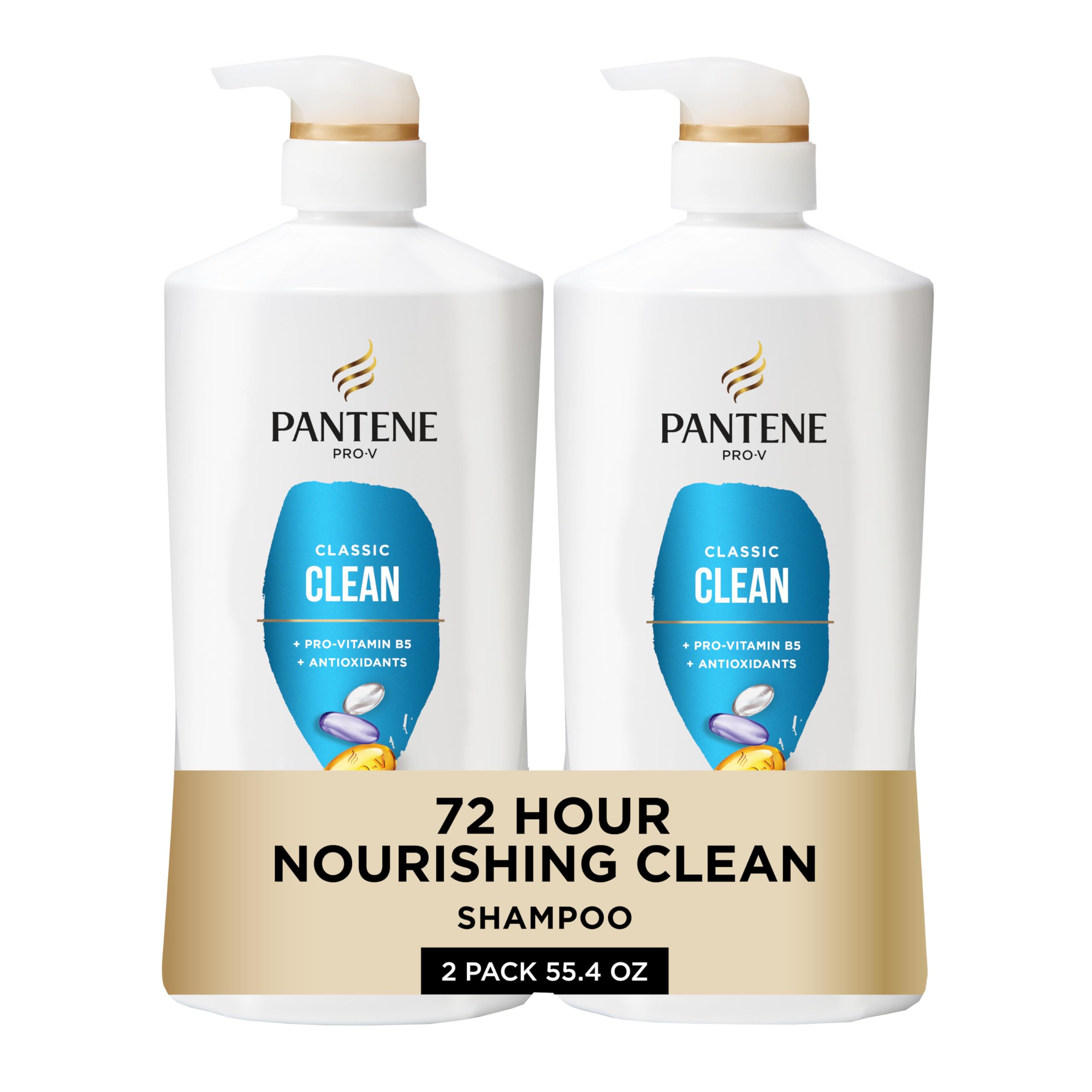 Pantene Classic Clean shampoo bottle with Pro-V nutrients for healthier-looking hair.