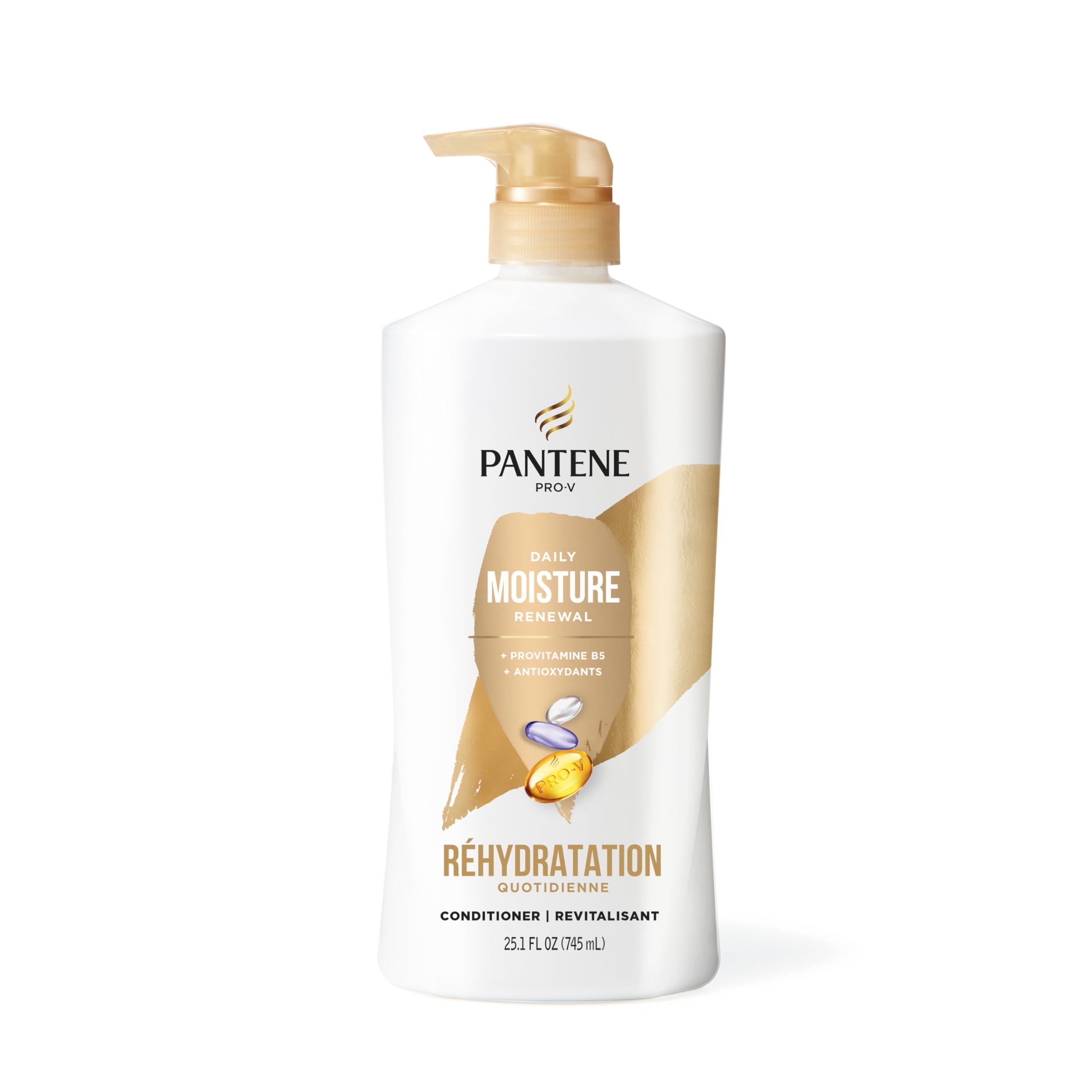 Packaging highlights avocado, macadamia, and apricot oils on Pantene conditioner.