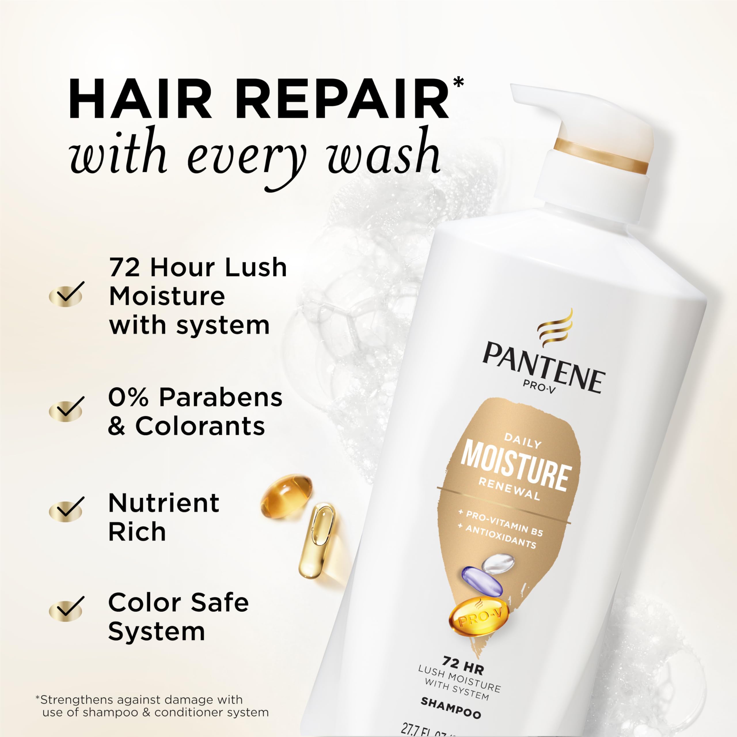 Pantene Daily Moisture Renewal lather signals nutrient-rich moisture for hair.