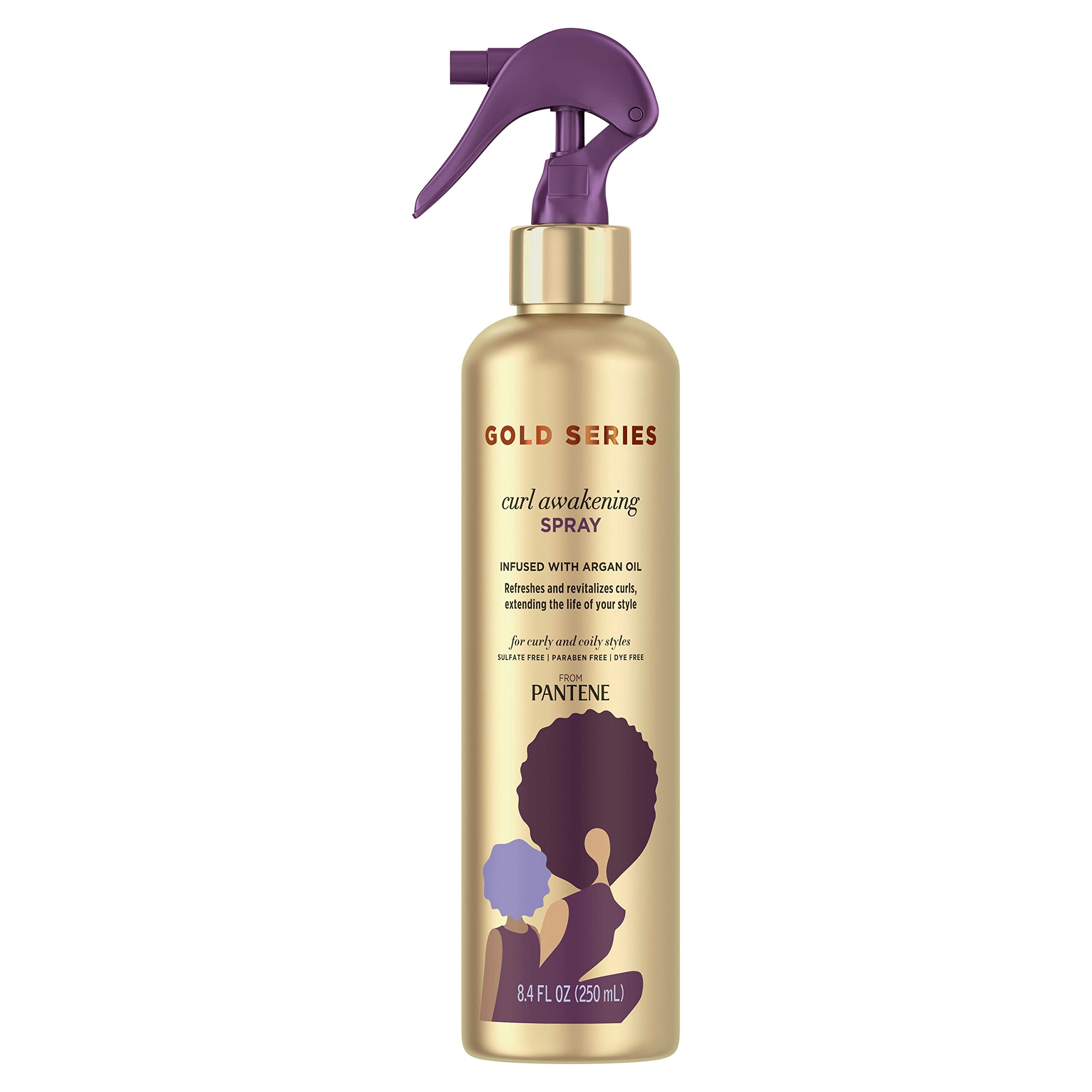 Pantene Gold Series Curl Awakening Spray bottle refreshing curls with argan oil.