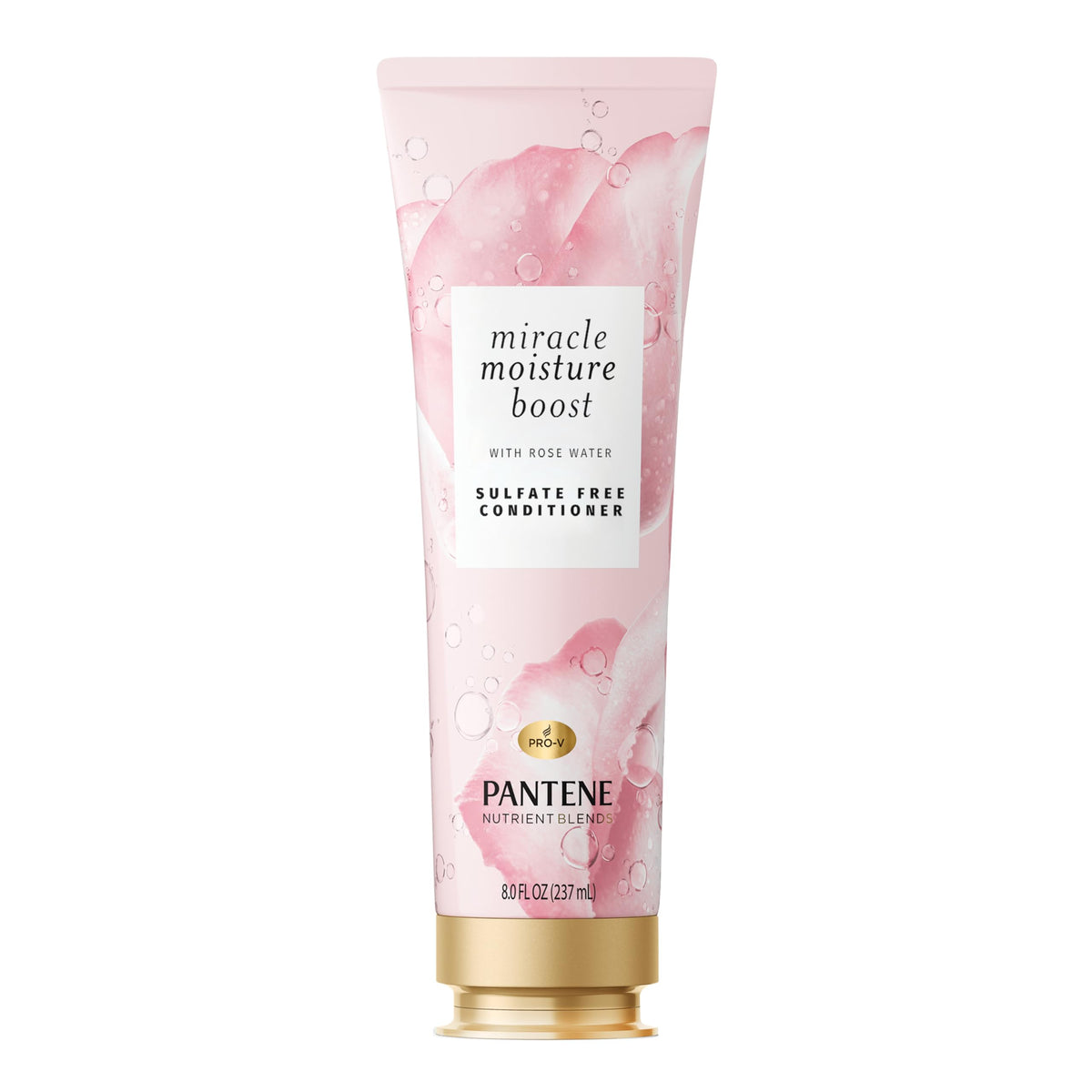 Pantene Nutrient Blends Miracle Moisture Rose Water conditioner bottle on display for hydration.