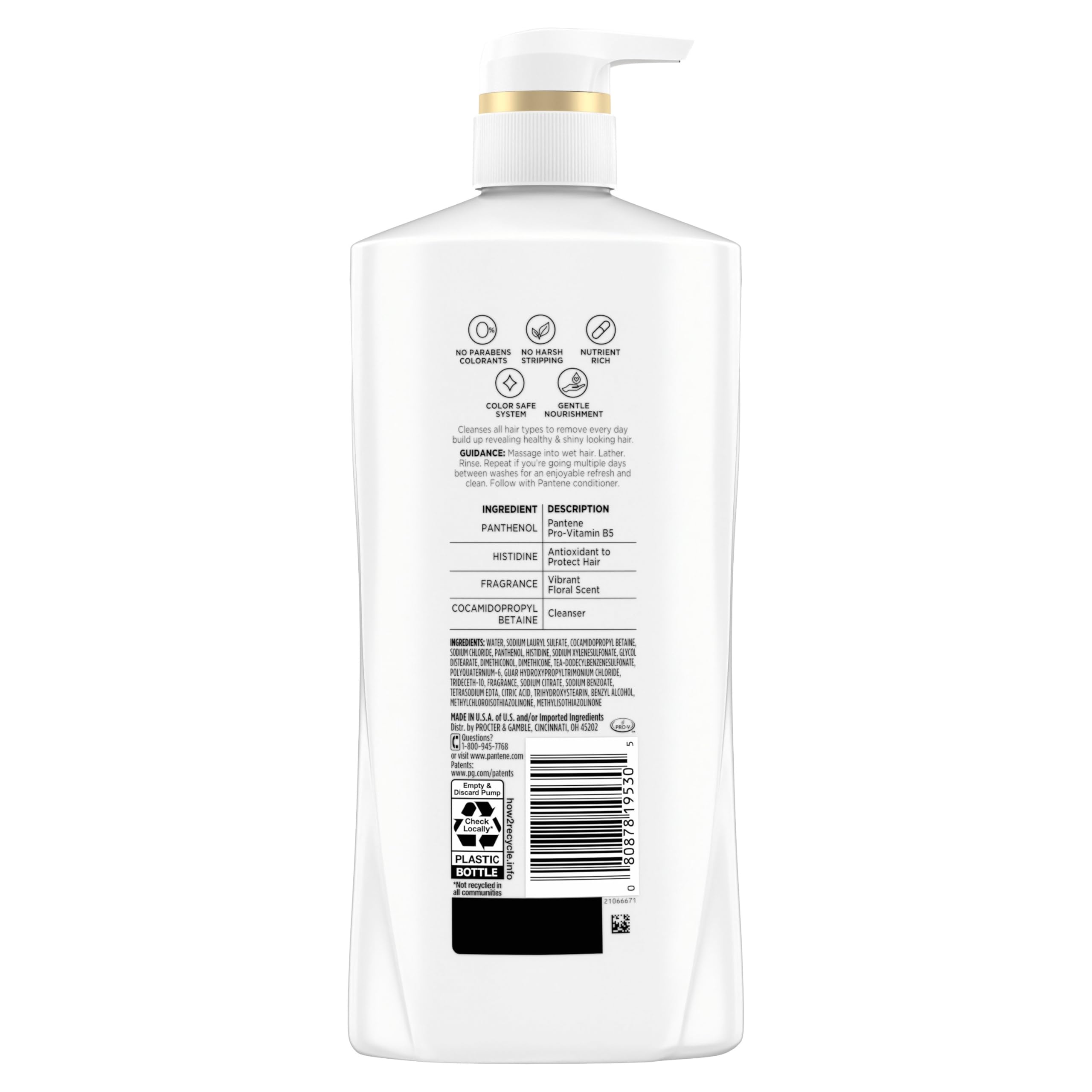Pantene Pro-V nutrients branding on bottle emphasizes nourishment.