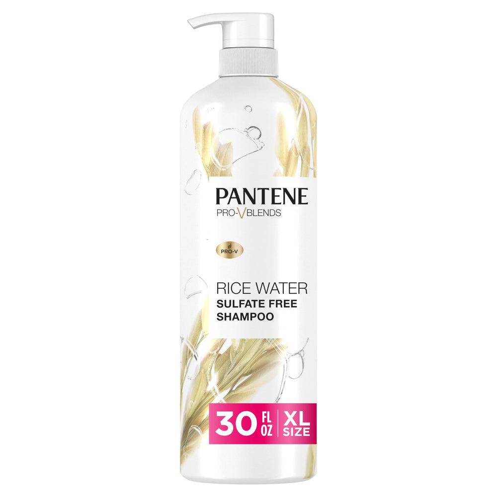 Pantene Rice Water Shampoo bottle shows color-safe cleansing for hair