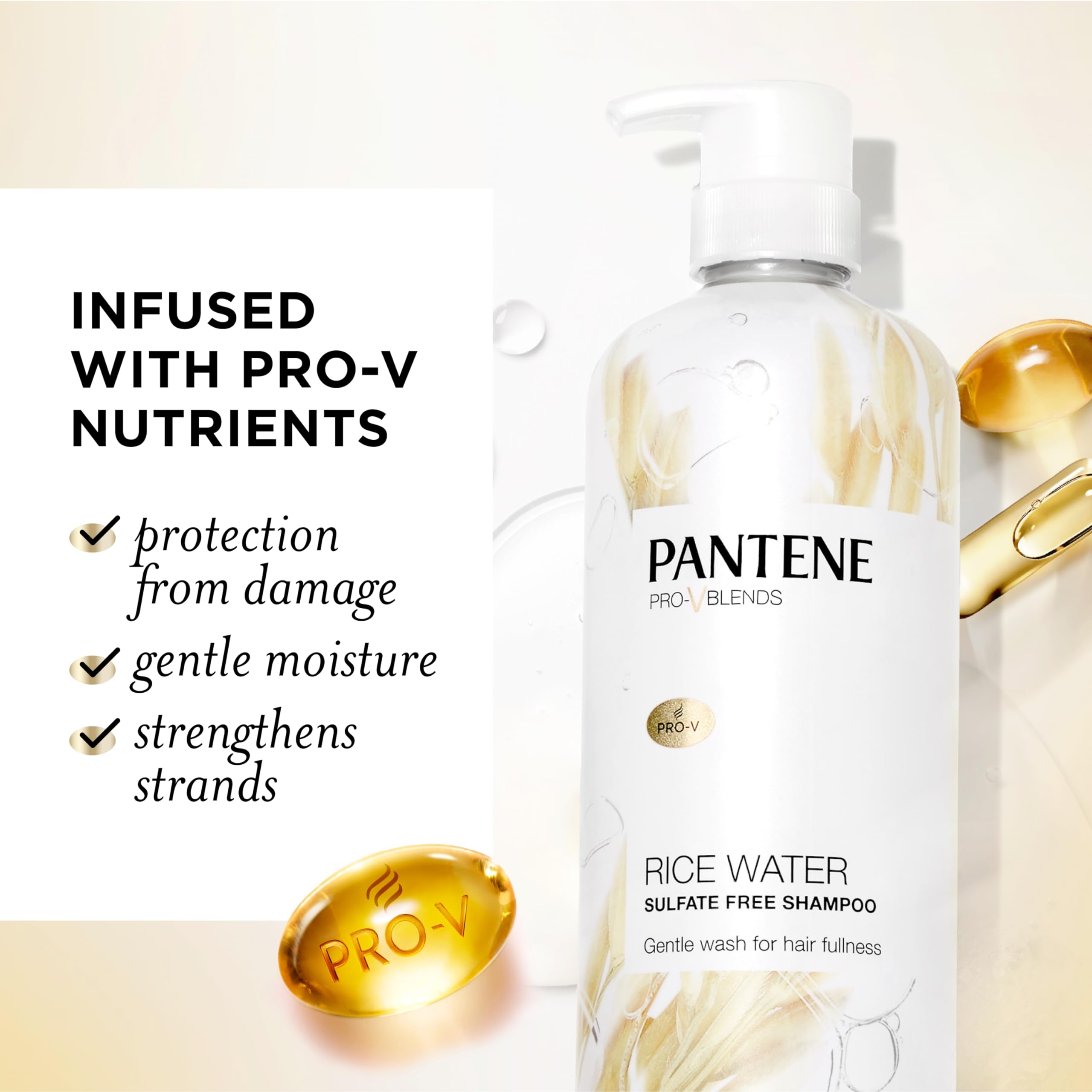 Pantene Rice Water Shampoo label highlights Pro-V nutrients for strong hair