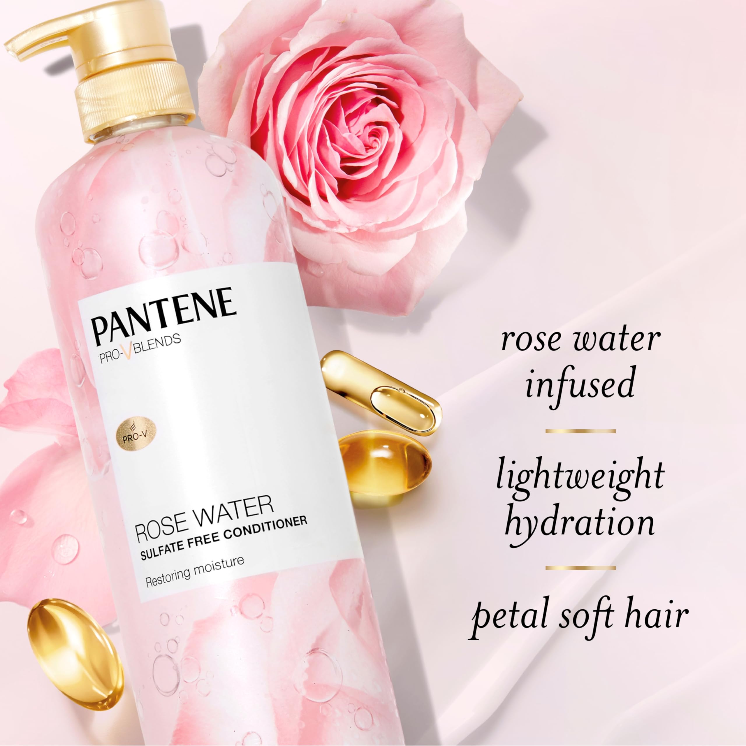 Pantene Rose Water Conditioner ends closeup shows smooth, detangled strands