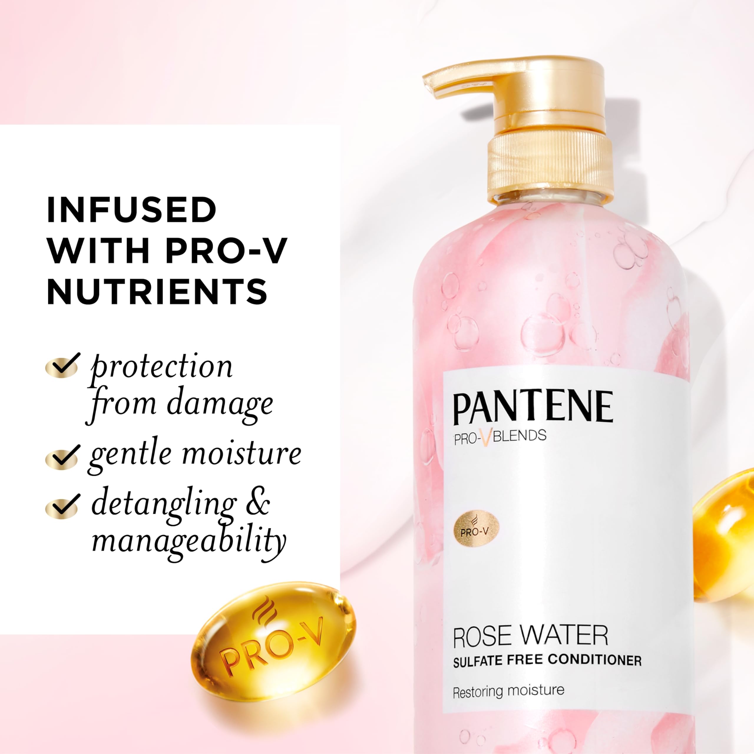 Pantene Rose Water Conditioner label closeup highlights sulfate-free, color-safe formula
