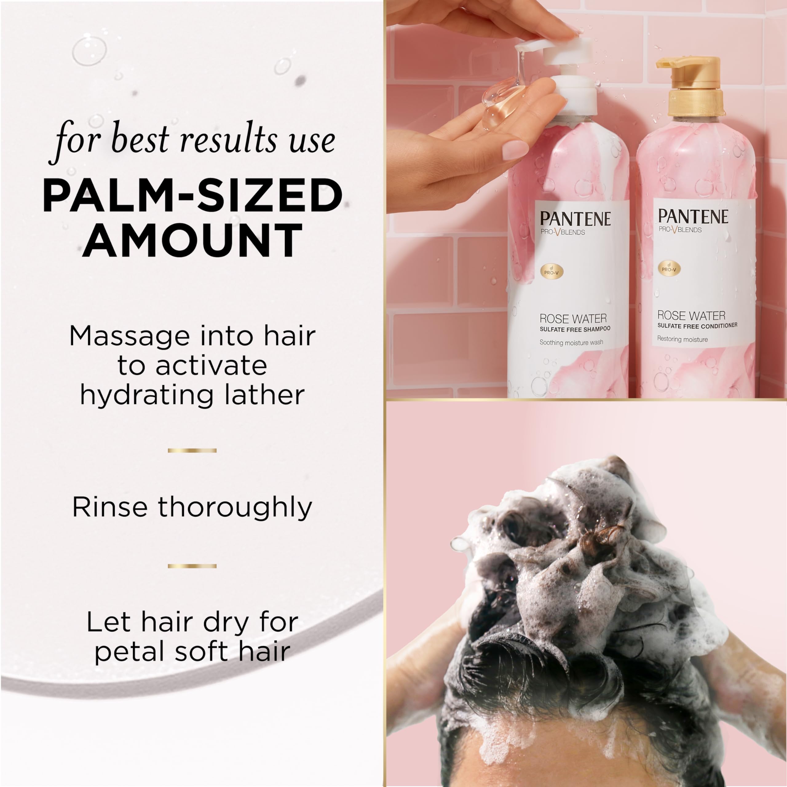 Bathroom shelf with 30 oz Pantene rose water bottle ready for use.