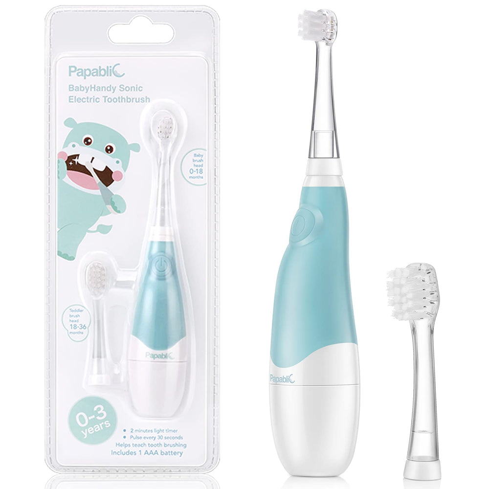 Papablic BabyHandy 2-Stage toothbrush packaging highlighting gentle, engaging brushing for babies.