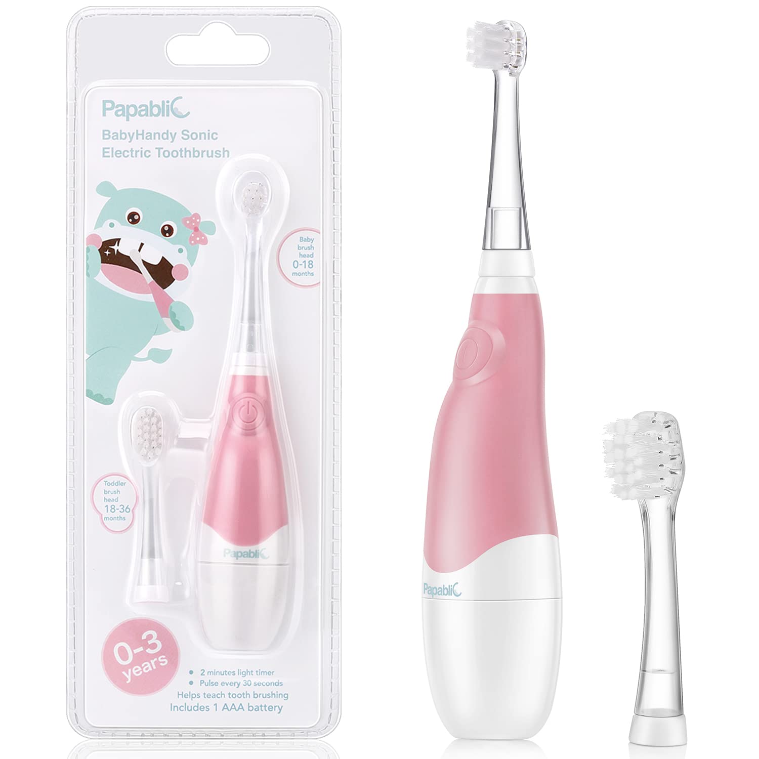Papablic BabyHandy 2-Stage toothbrush with LED light invites playful brushing.