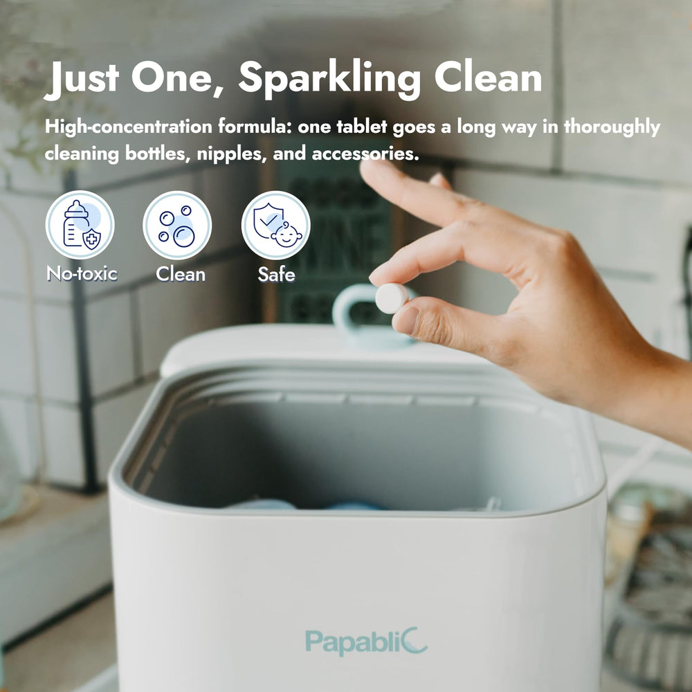 Papablic tablets shown with a bottle washer to illustrate universal compatibility