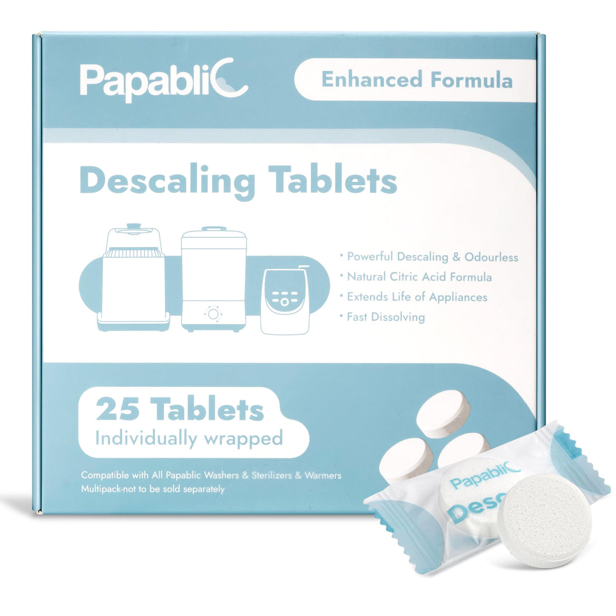 Papablic descaling tablets in a bottle washer improve cleaning of bottles and spray arms.