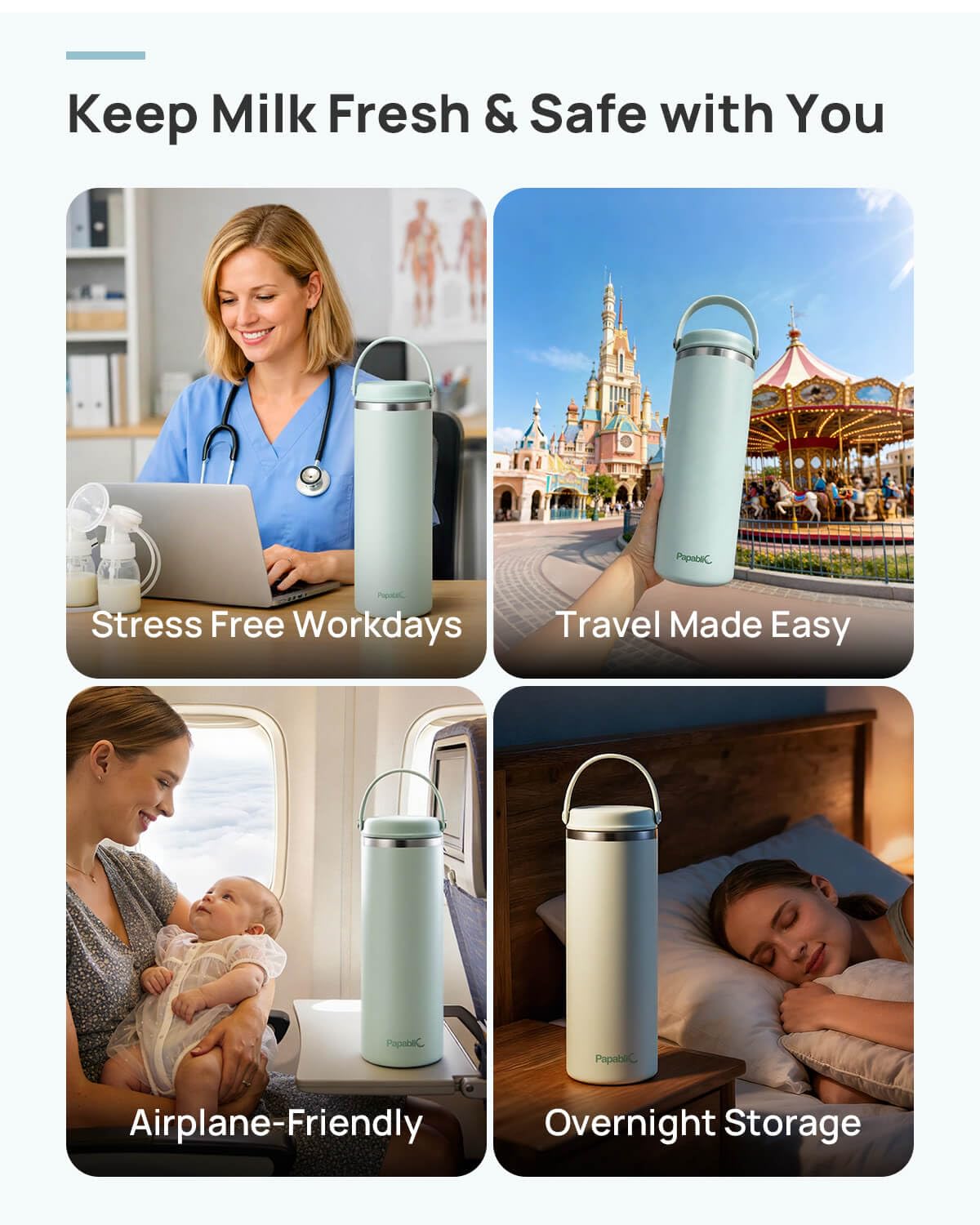 Papablic on-the-go use supports busy moms.