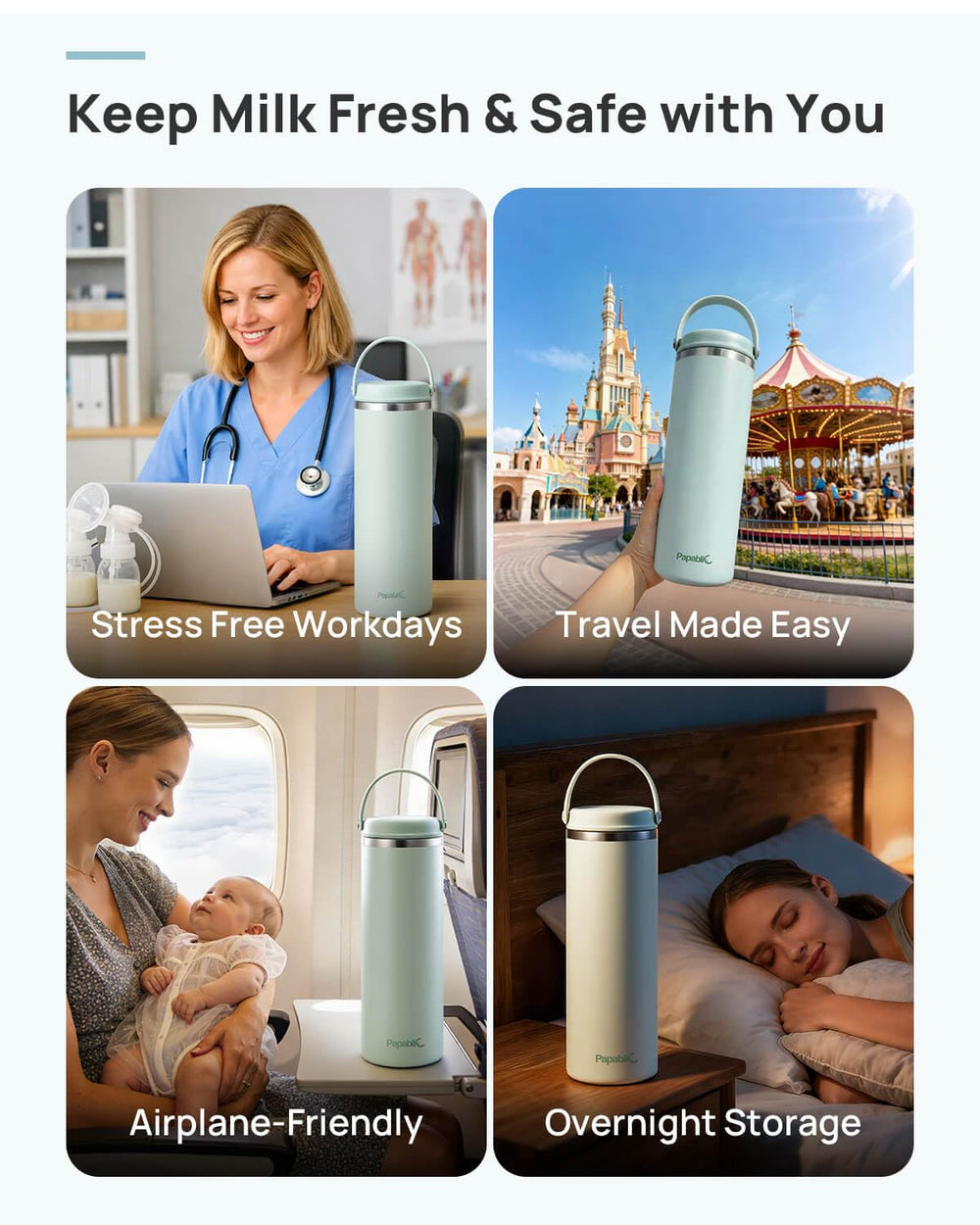 Papablic on-the-go use supports busy moms.