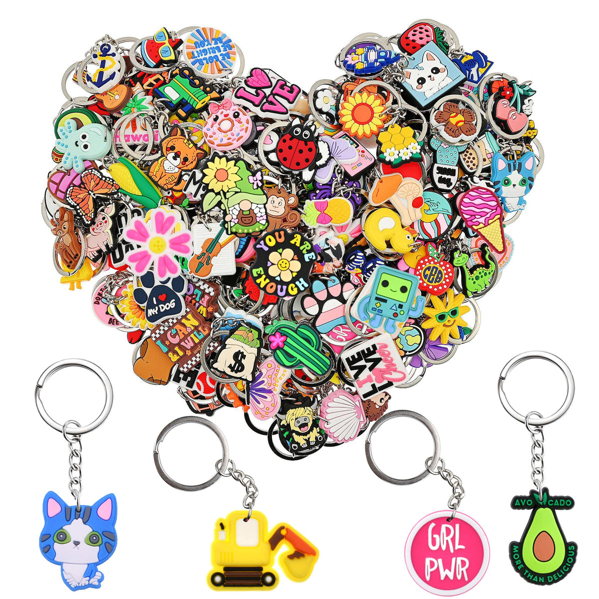 Papacharms bulk keychains with 20 random designs, ideal for gifts.