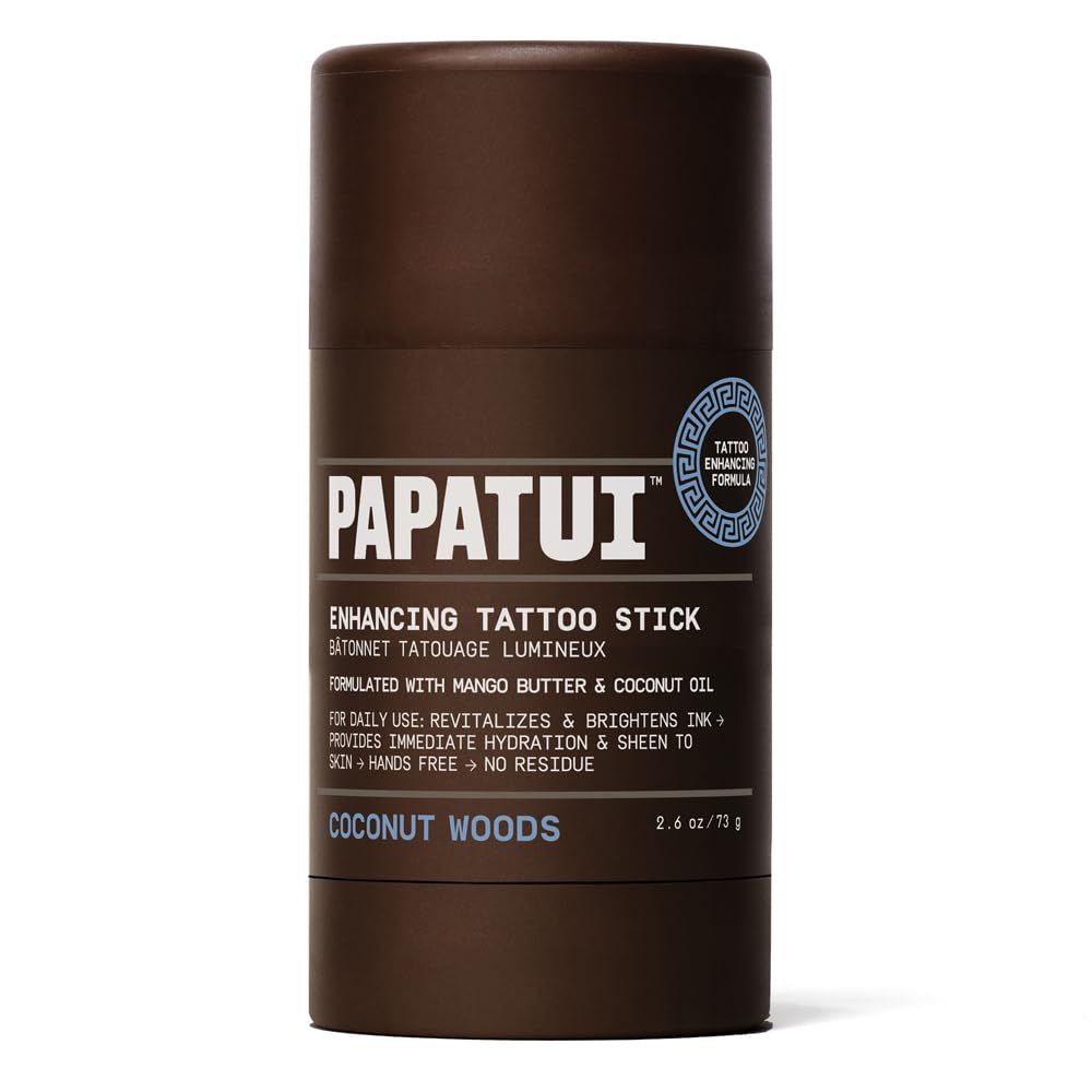 PAPATUI Coconut Woods tattoo stick bottle demonstrates mess-free hydration for tattoos.