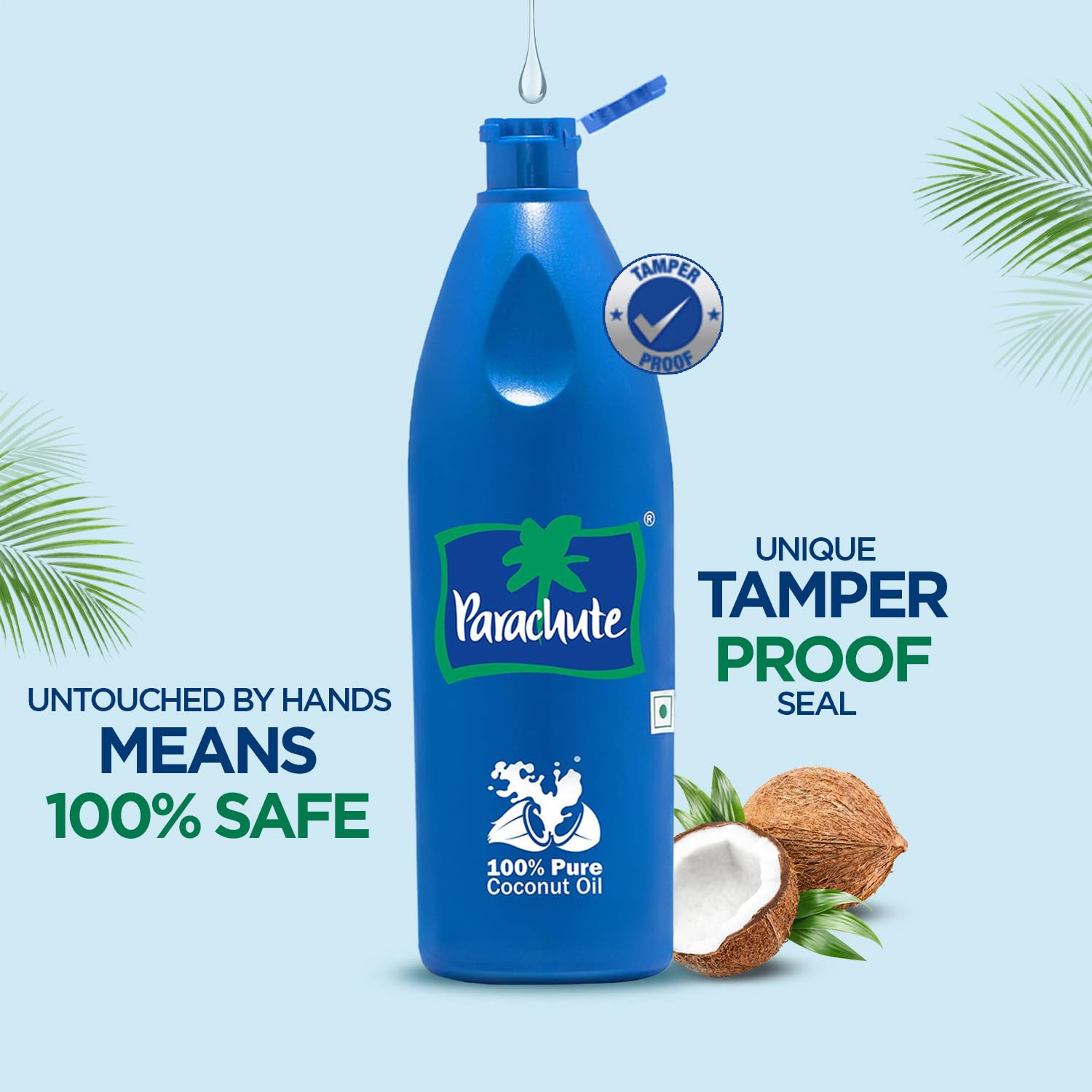 Parachute coconut oil no chemicals; label highlights additives-free formula