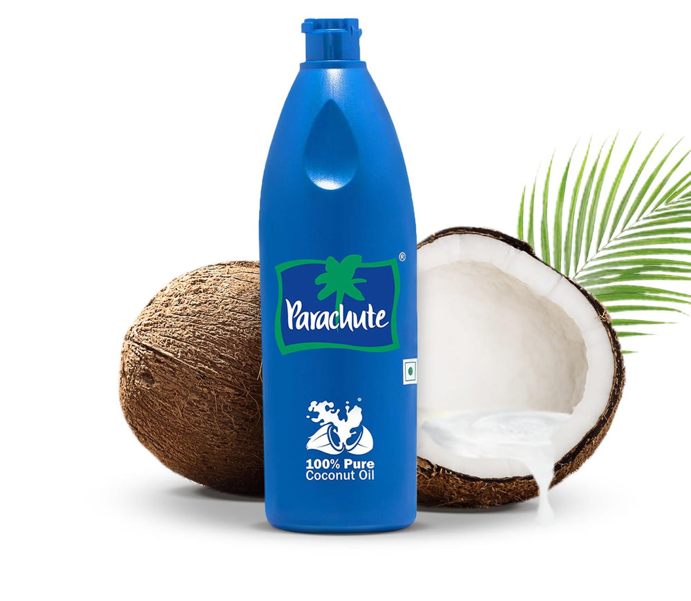 Parachute coconut oil unrefined formula container; pure, chemical-free everyday use