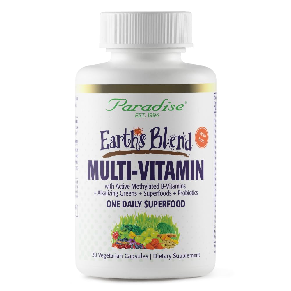 Paradise Herbs Earth's Blend bottle shows daily vitamin support