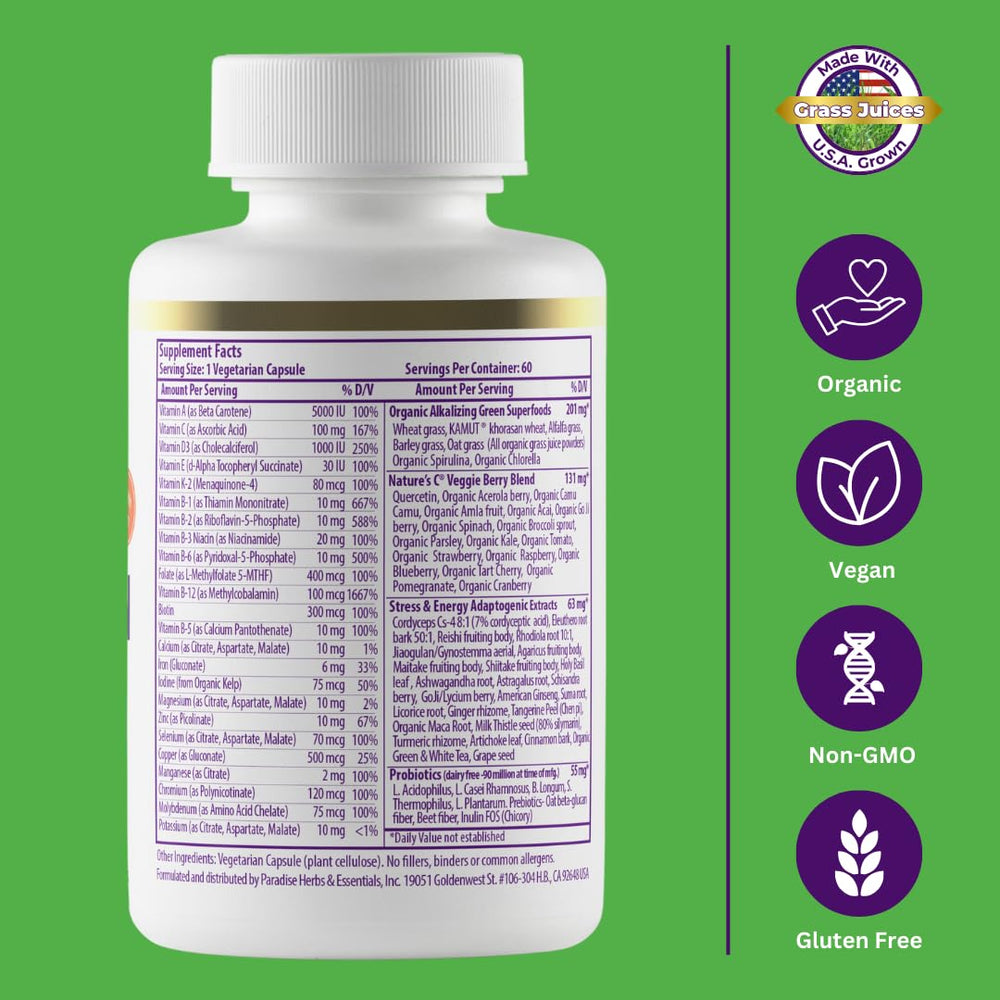 Visual of greens powder and herbs evoking 48 organic superfoods.