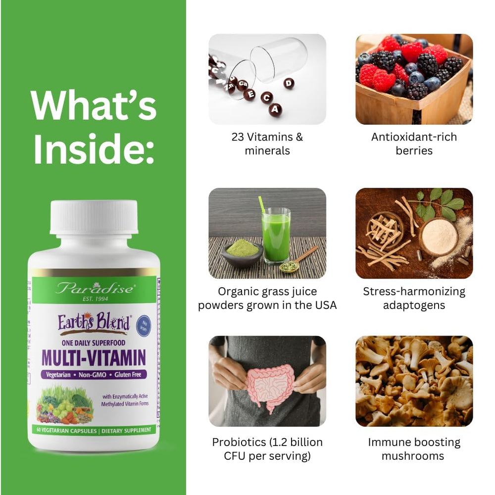 Paradise Herbs Earth's Blend label highlights 120 capsules and no iron.