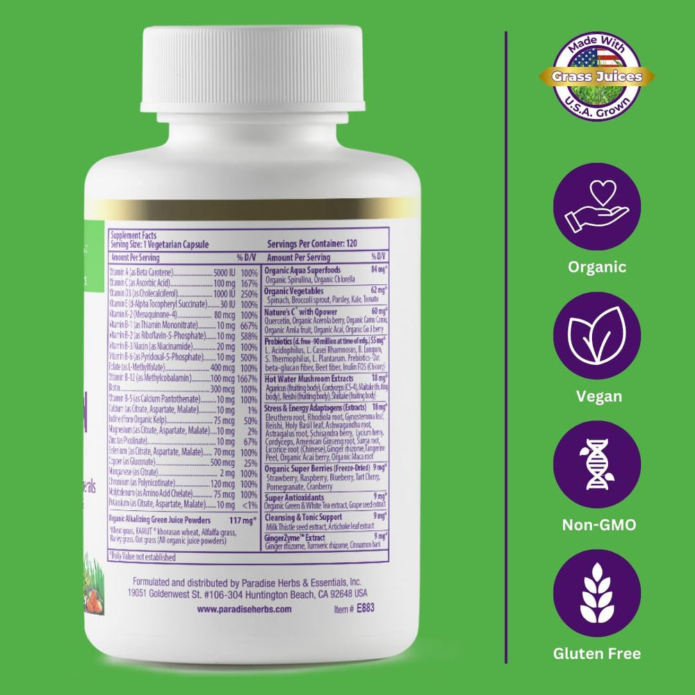 Paradise Herbs Earth's Blend ORAC Energy Greens emblem signals antioxidant power.