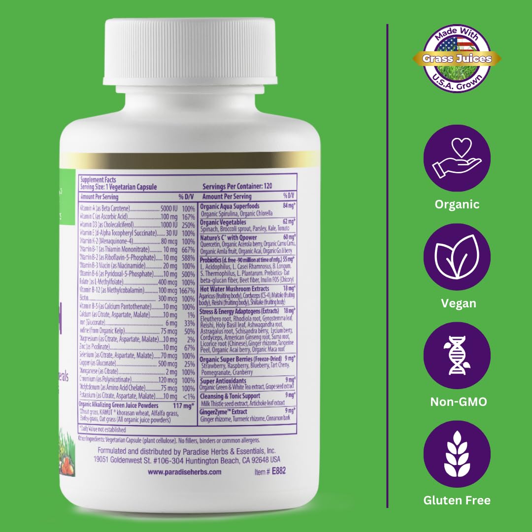 Paradise Herbs Earth's Blend tub label emphasizes cGMP USA production