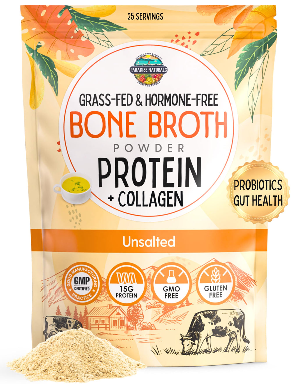 Paradise Naturals bone broth powder packaging shown for convenient daily nourishment