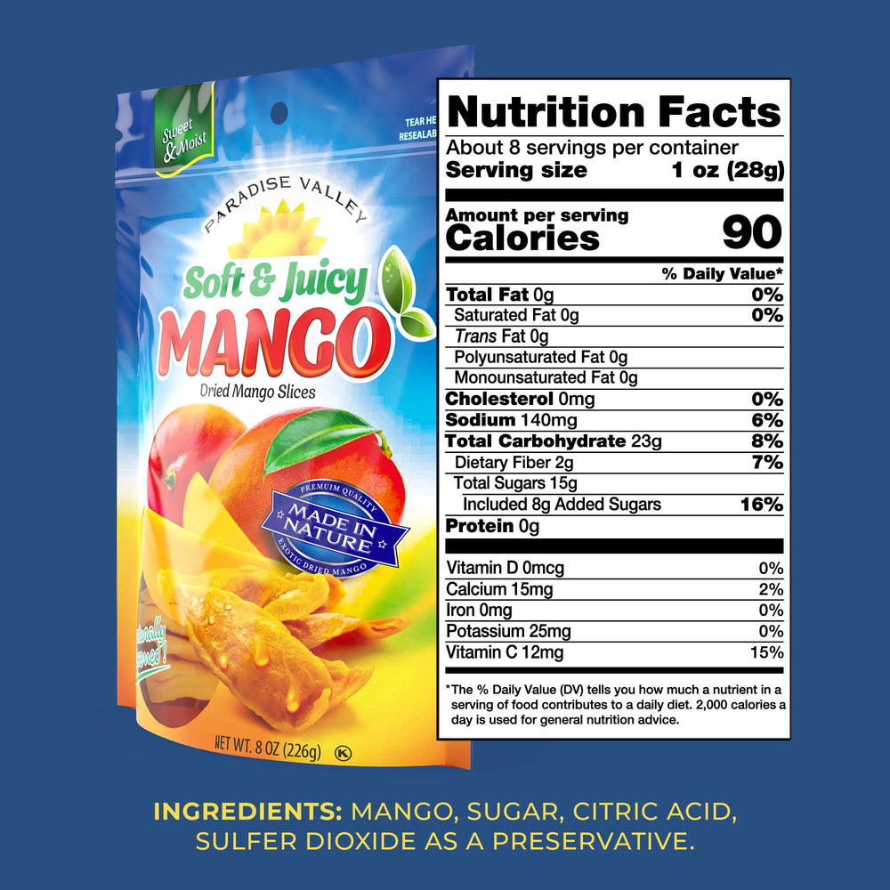 Paradise Valley dried mango slices offer a low-sugar mindful treat.