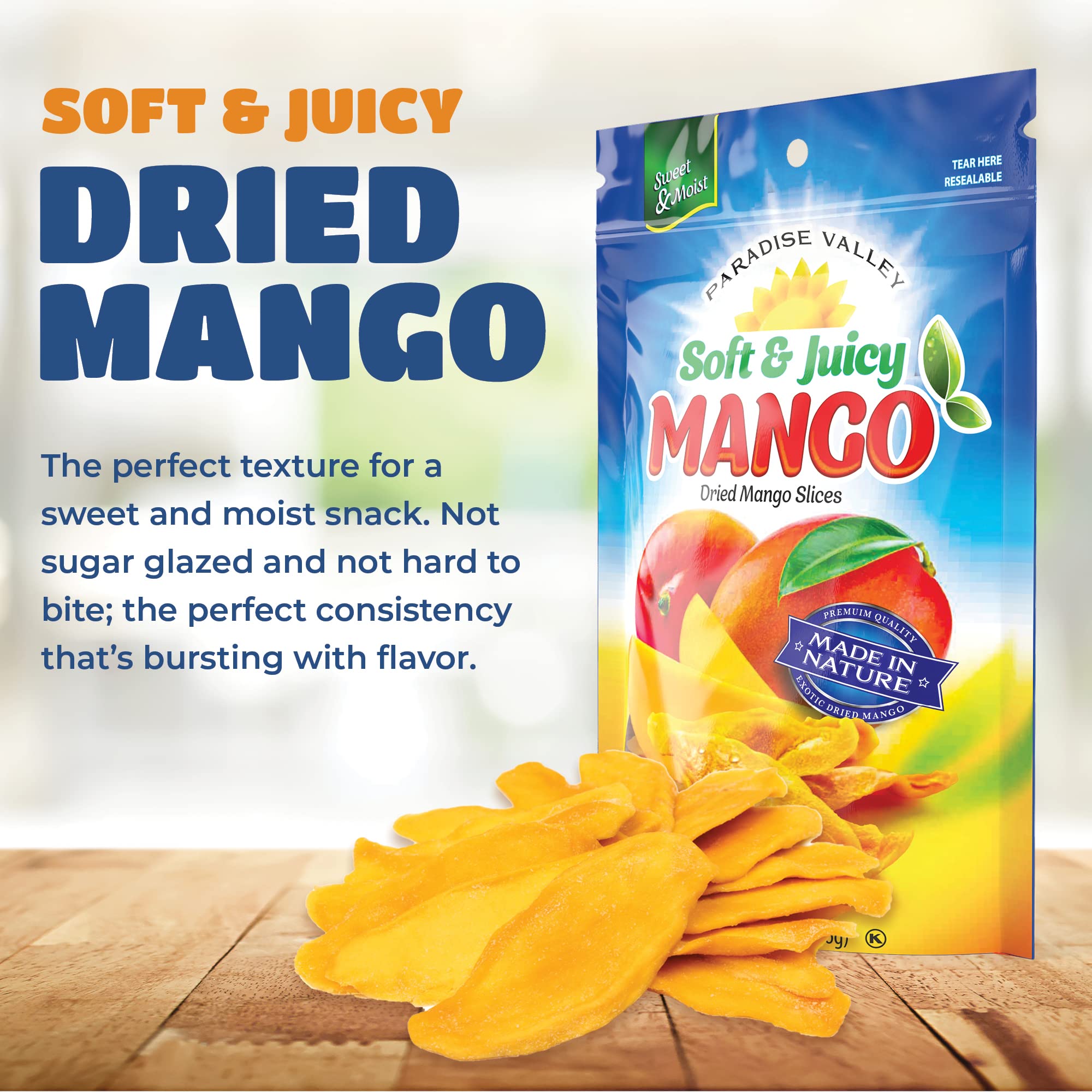Paradise Valley preservative-free mango slices highlight natural sweetness.