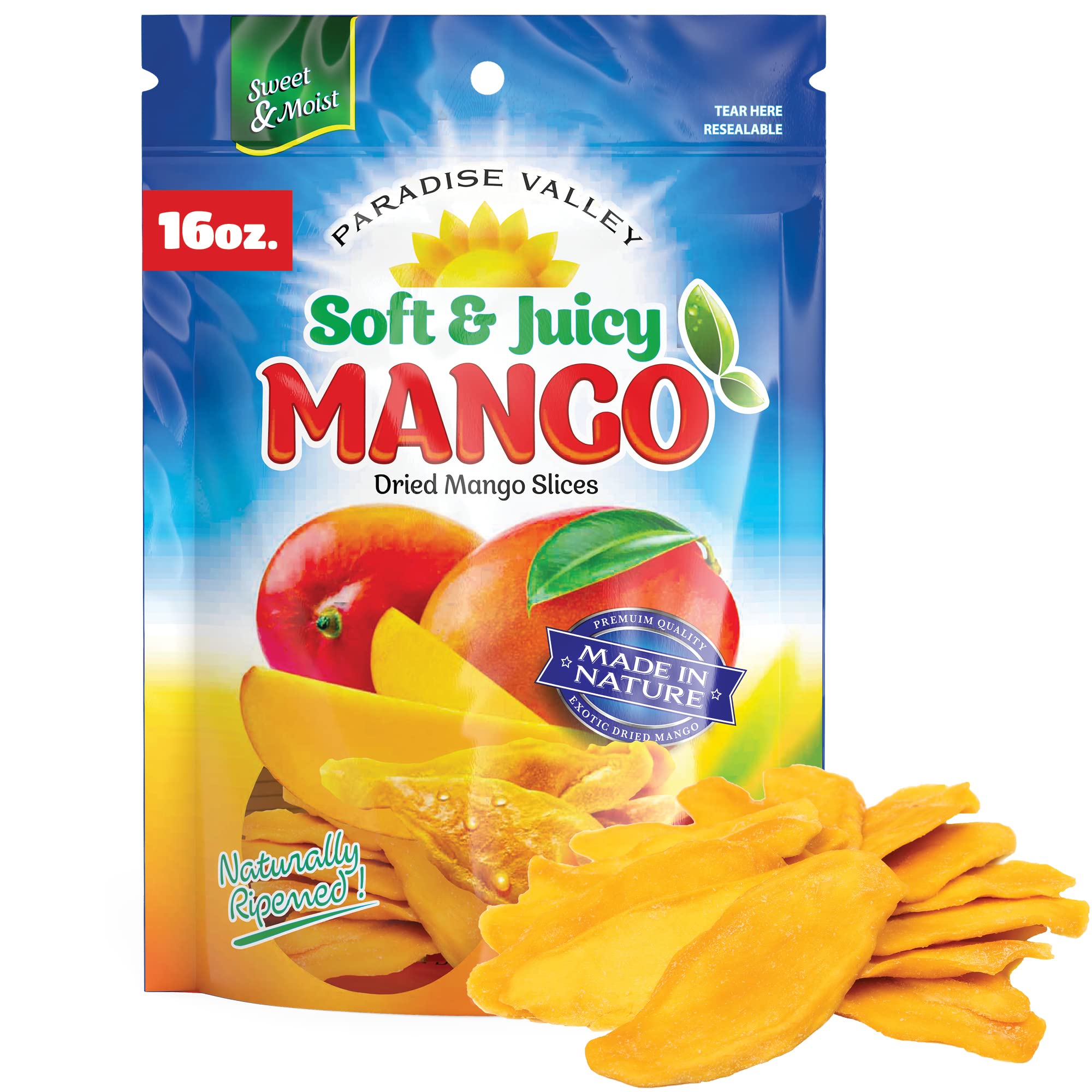 Paradise Valley dried mango slices show soft-juicy texture for on-the-go snacking.