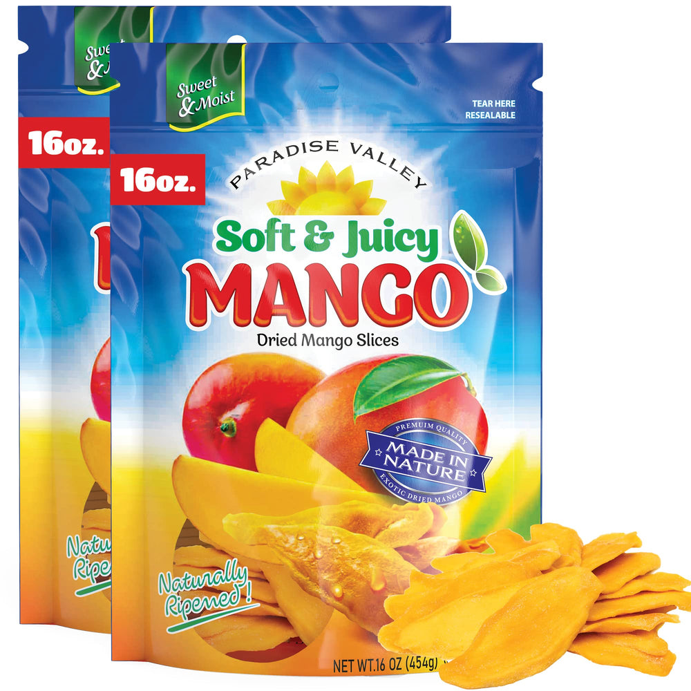 Paradise Valley dried mango slices show soft, juicy texture for on-the-go snacking.