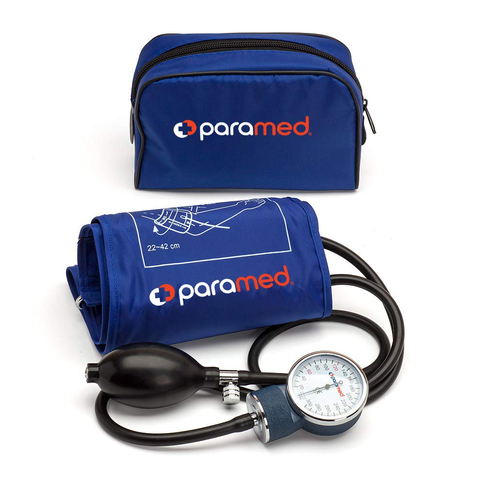 Paramed aneroid sphygmomanometer with blue carrying case for portable home blood pressure tracking.