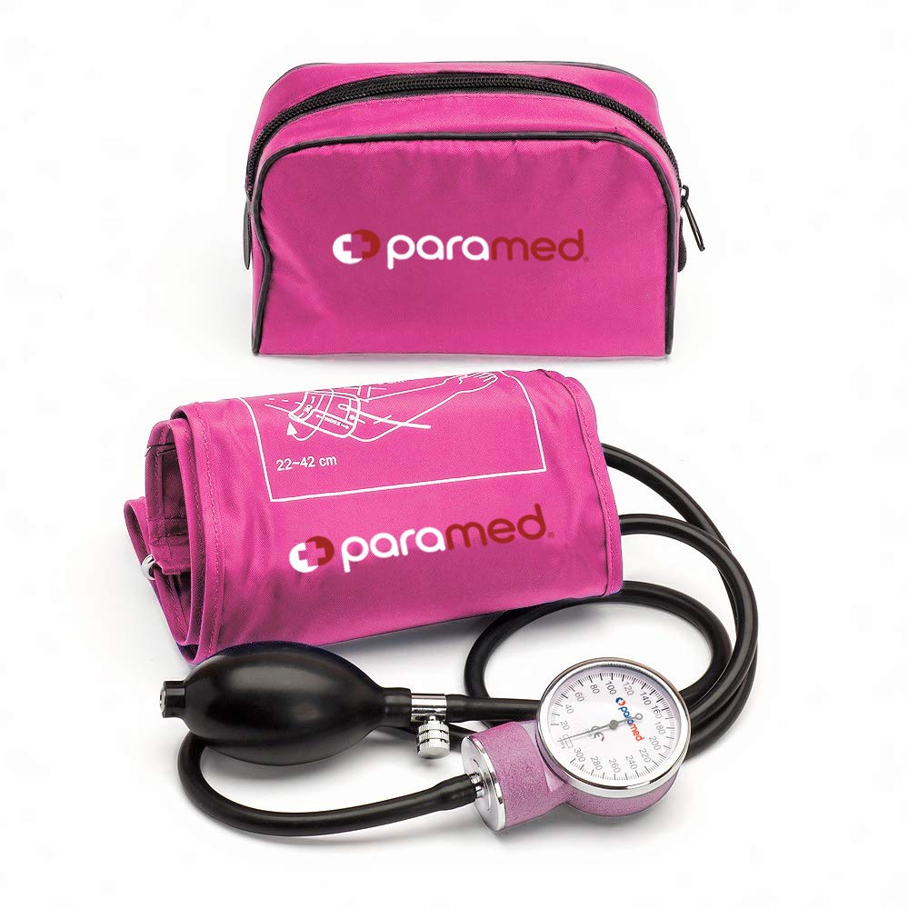 Paramed aneroid sphygmomanometer with pink cuff and D-ring for at home checks