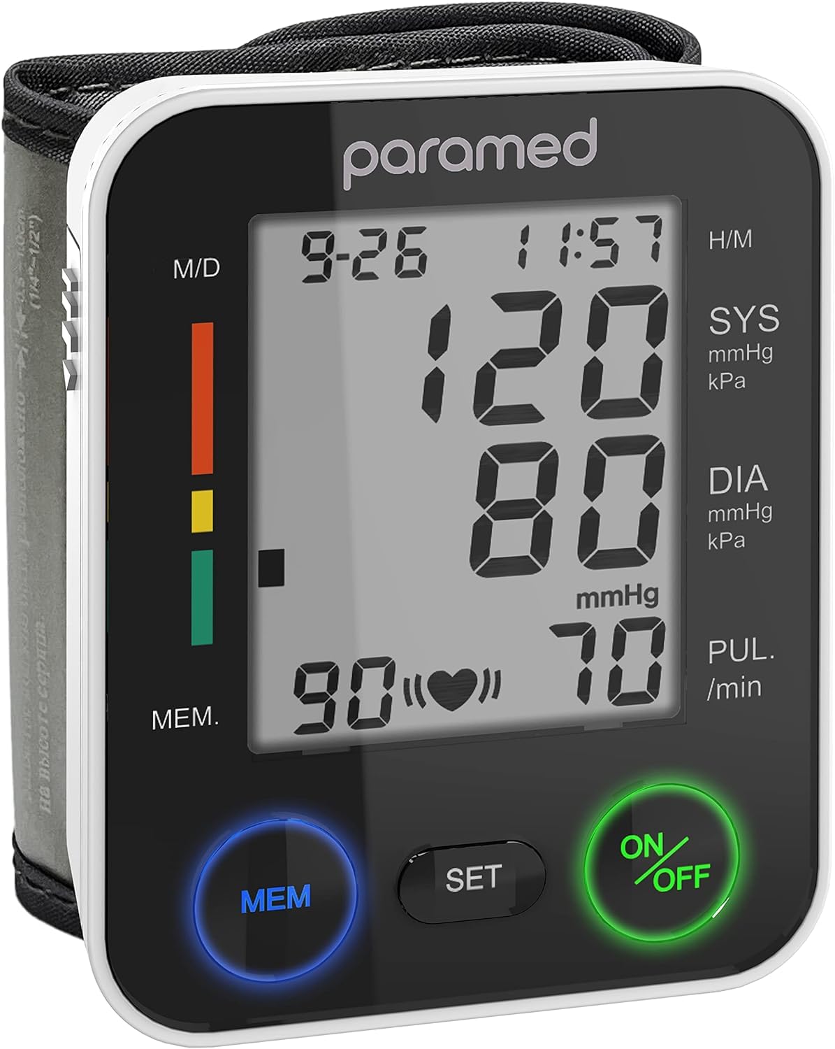 Paramed automatic wrist blood pressure monitor with universal cuff and clear display