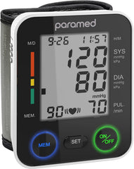 Paramed automatic wrist blood pressure monitor with universal cuff and clear display
