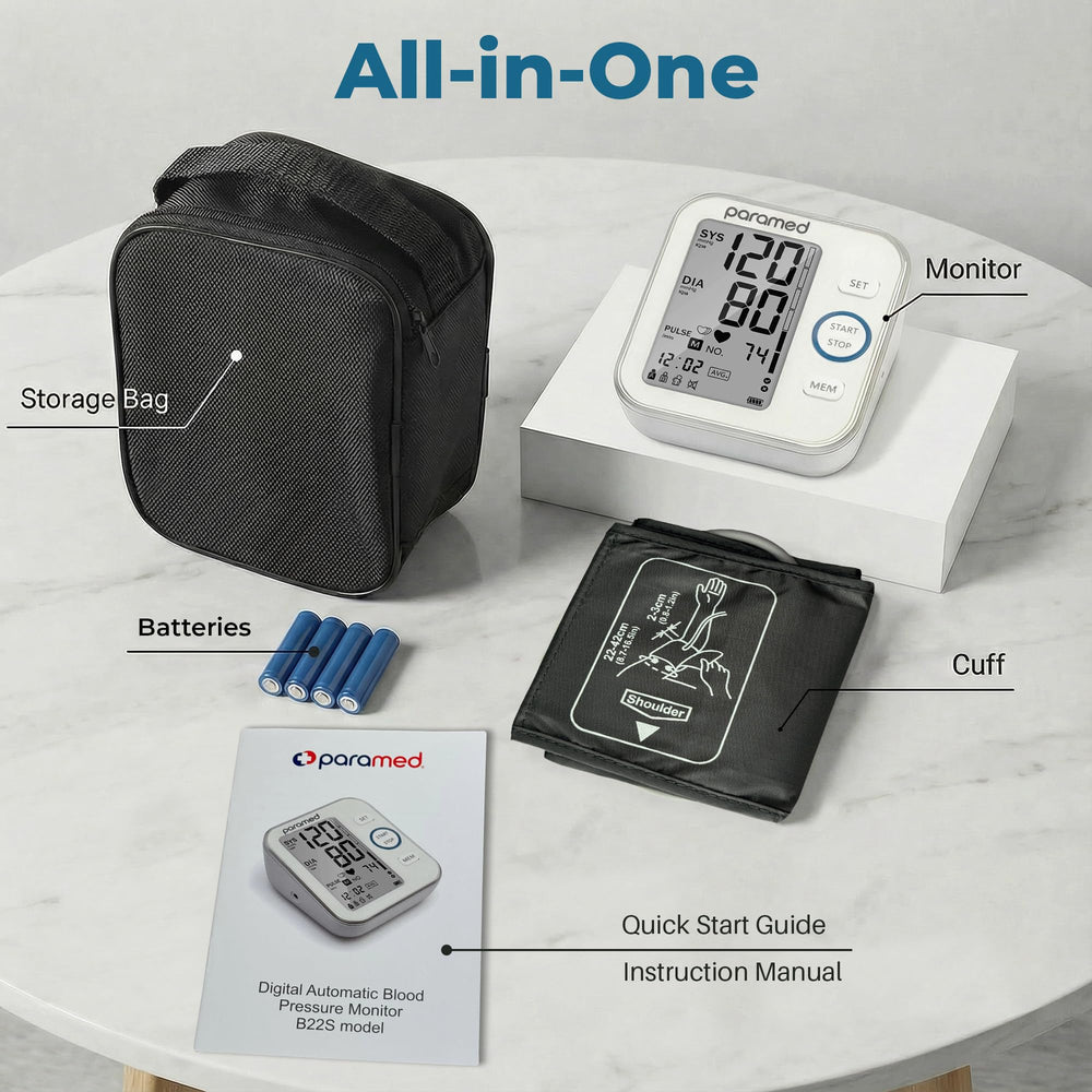 Paramed BP Monitor carrying bag included for portability and protection.