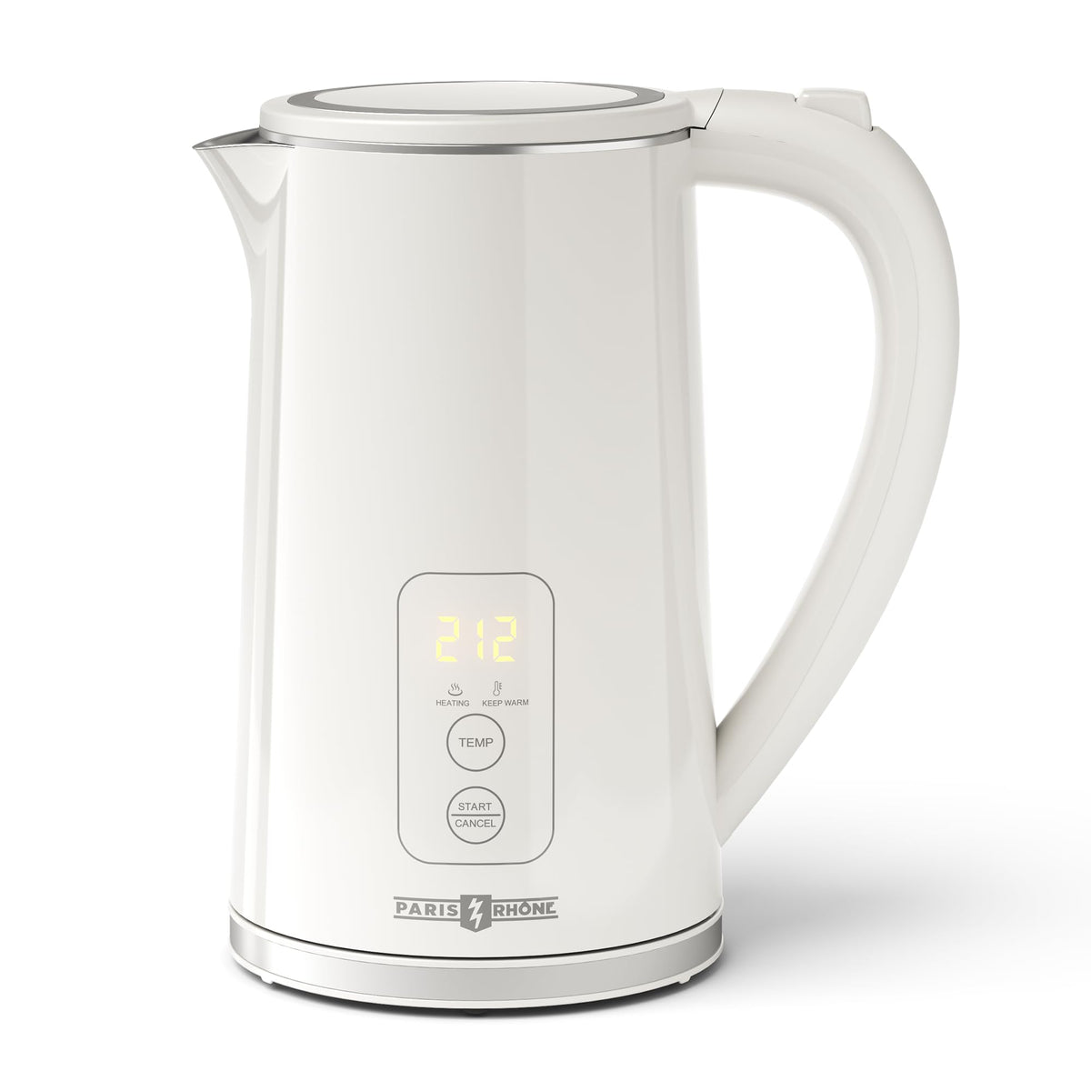 Paris Rhône Electric Kettle displays real-time temperature for precise brewing.