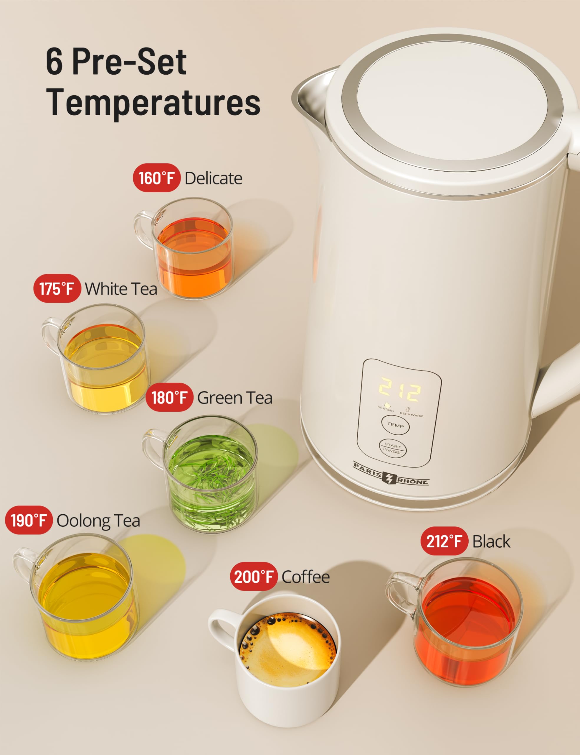 Paris Rhône Electric Kettle features BPA-free stainless steel interior for safe water contact.