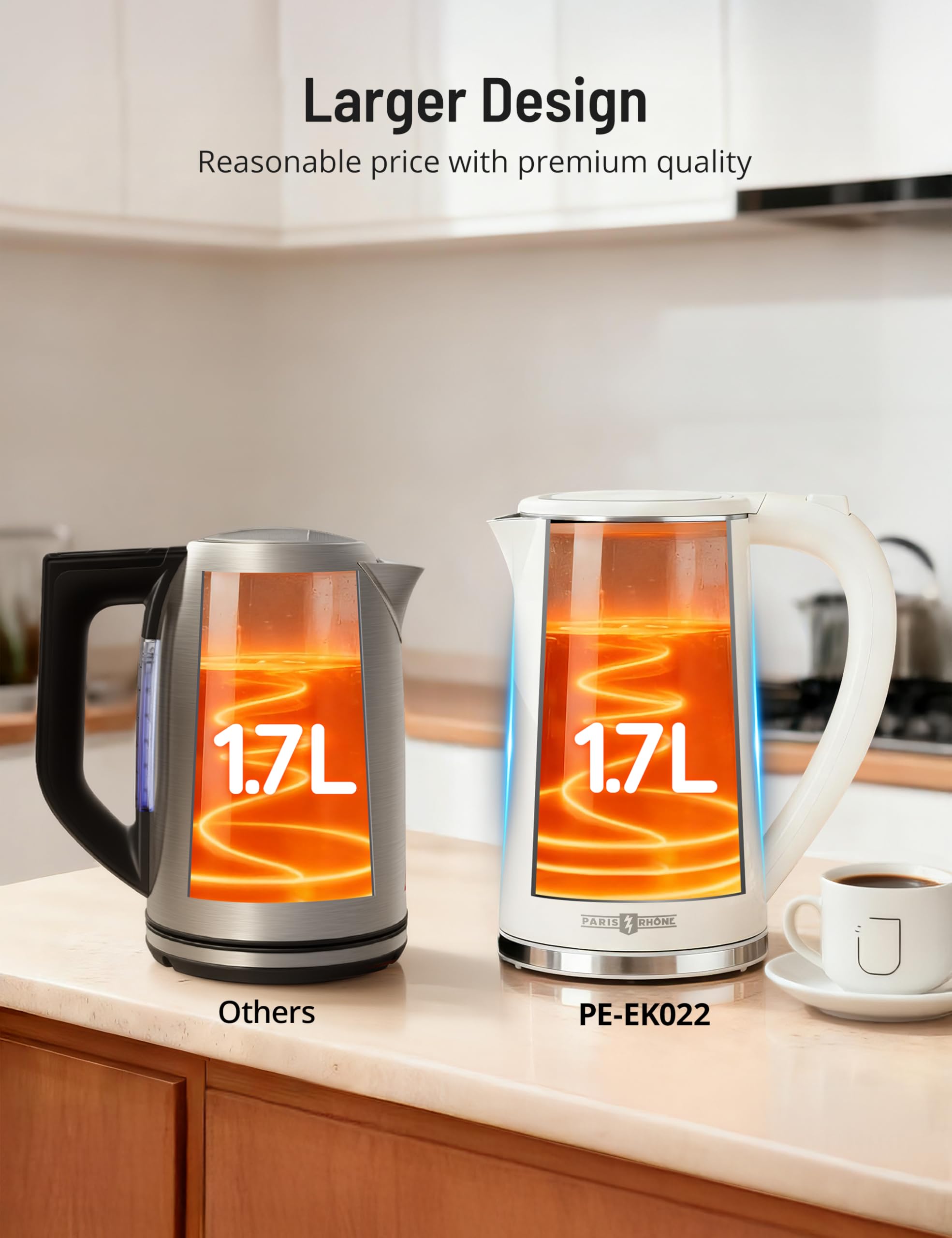 Paris Rhône Electric Kettle keeps water warm up to four hours for convenience.