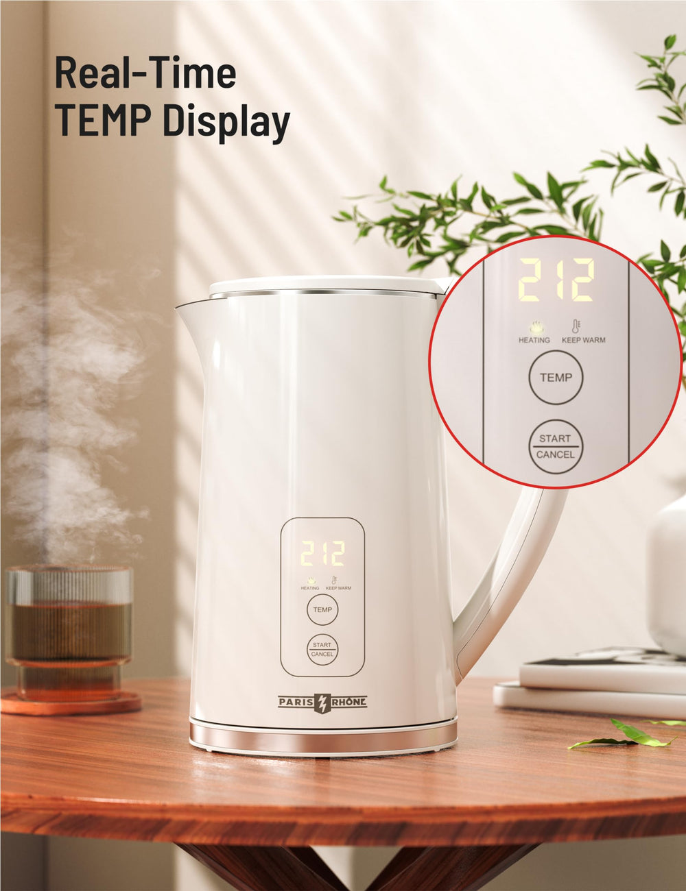 Paris Rhône Electric Kettle with six presets for tea and coffee preparation.