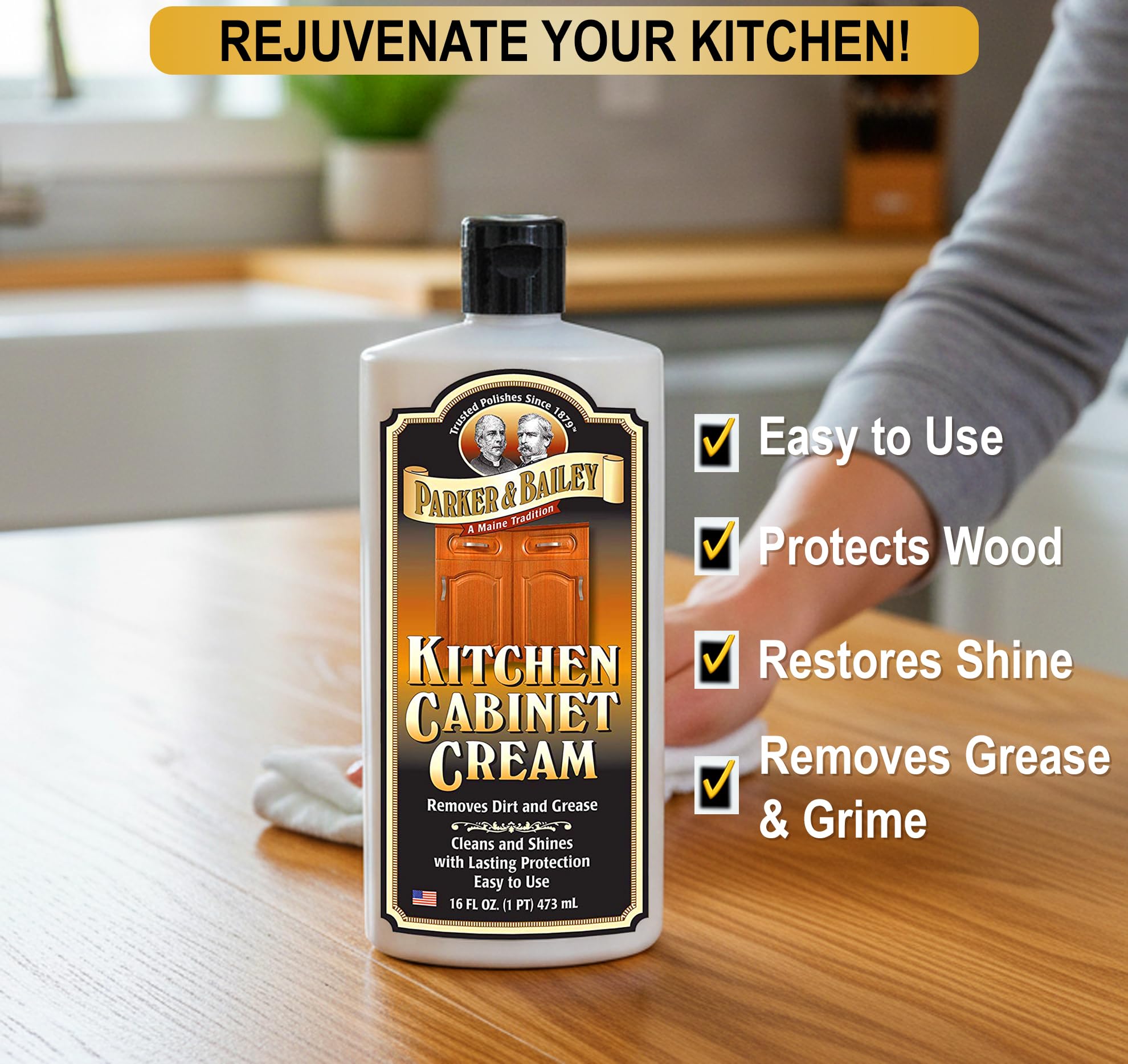 Parker & Bailey Kitchen Cabinet Creme cleans grease and restores cabinet surfaces