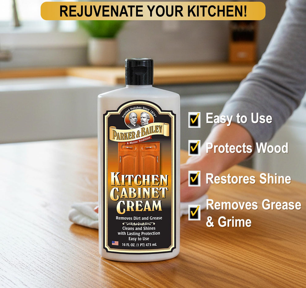 Parker & Bailey Kitchen Cabinet Creme cleans grease and restores cabinet surfaces