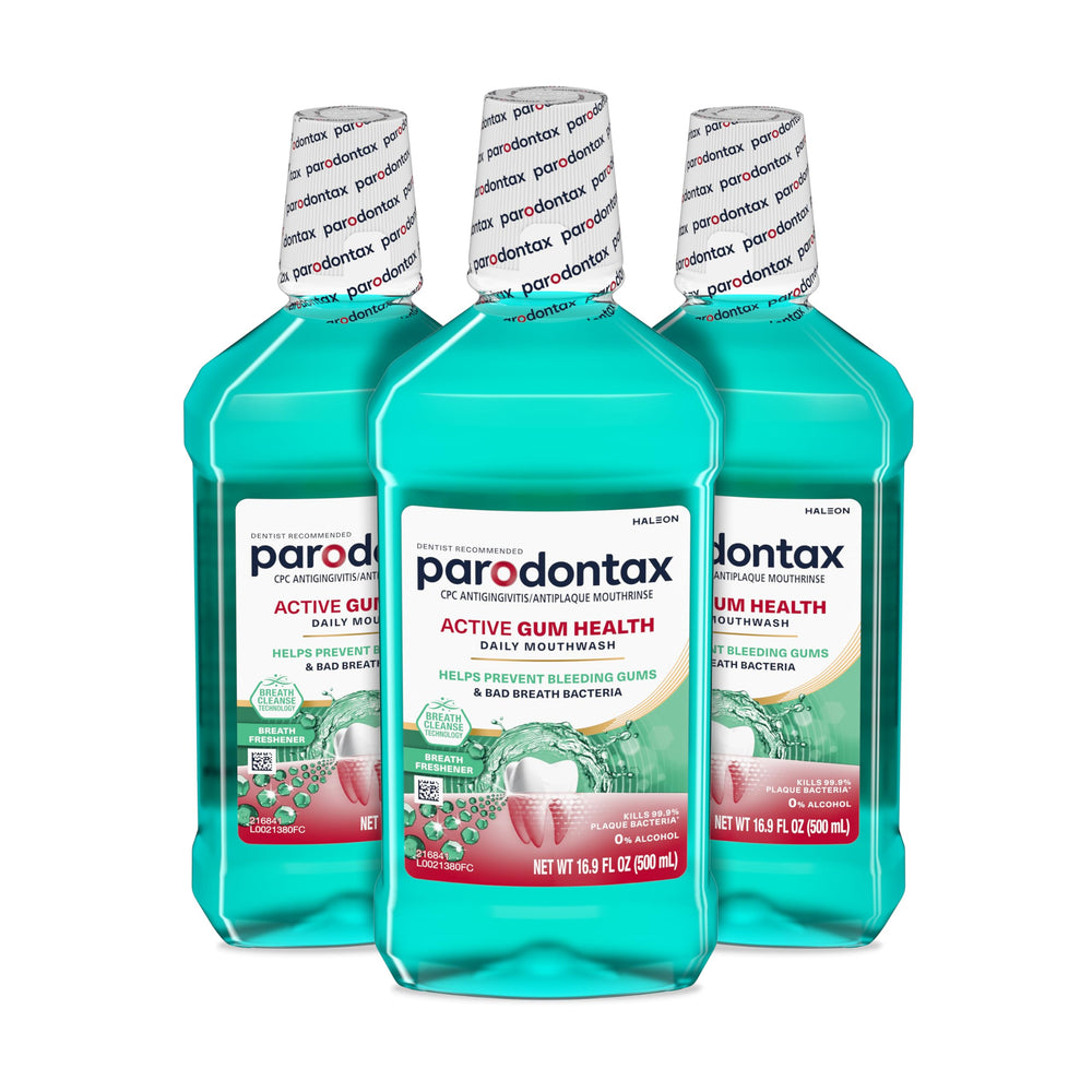 Parodontax Active Gum Health Mouthwash bottle front promotes fresh breath and gum care