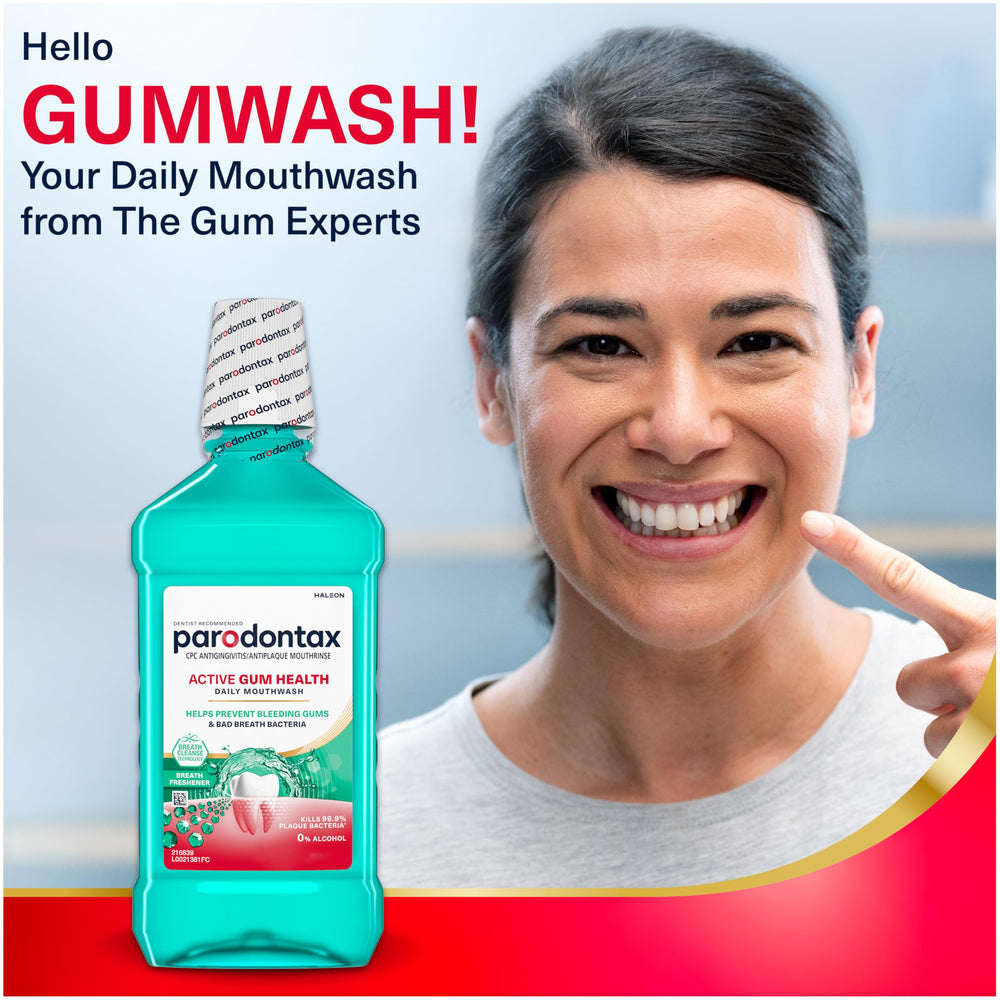 Parodontax Active Gum Health Mouthwash bottle label highlights CPC and alcohol-free formula