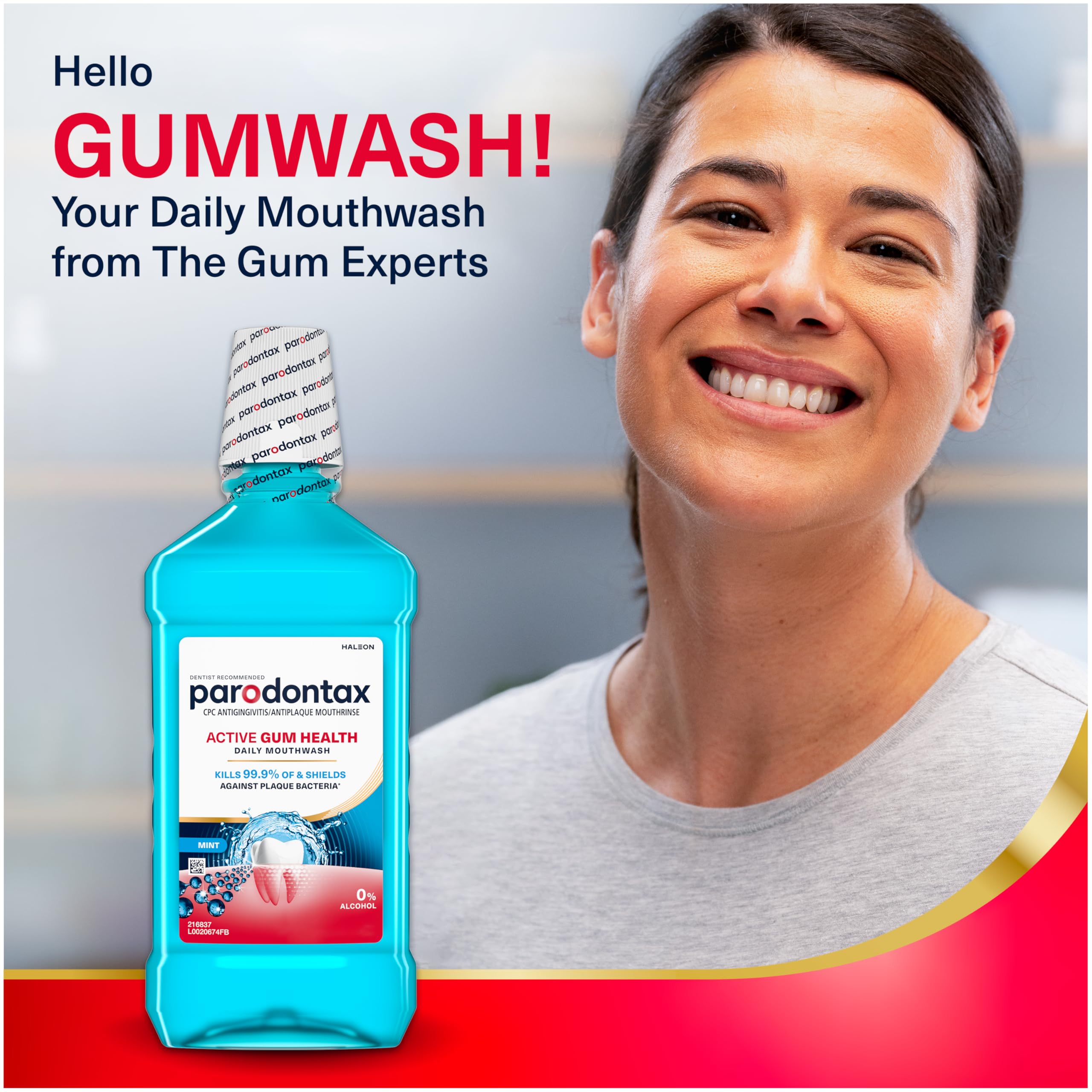 Parodontax mouthwash label highlighting CPC and alcohol-free formula