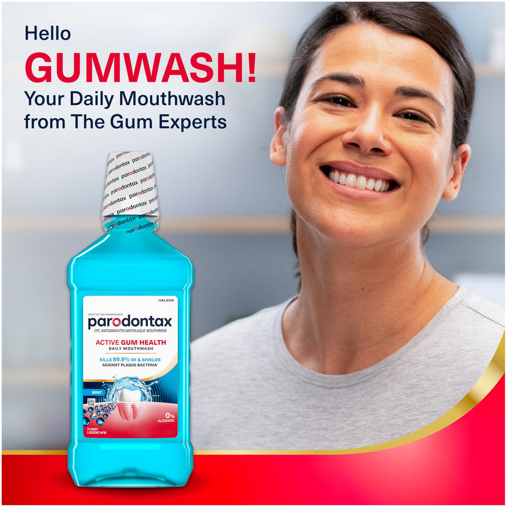 Parodontax mouthwash label highlighting CPC and alcohol-free formula